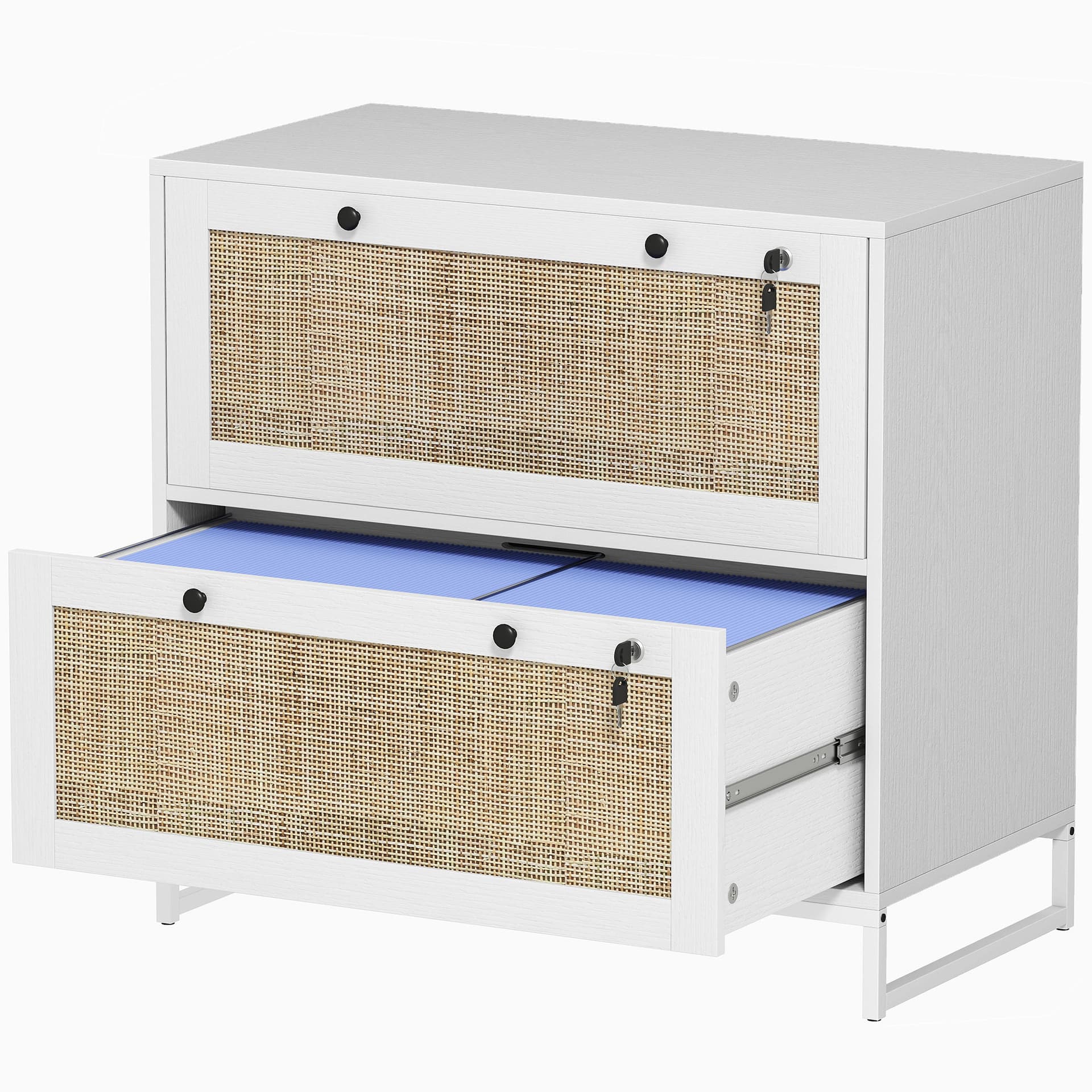 2-Drawer Filing Cabinet with Lock, Rattan File Cabinet with Adjustable Hanging Bar, White