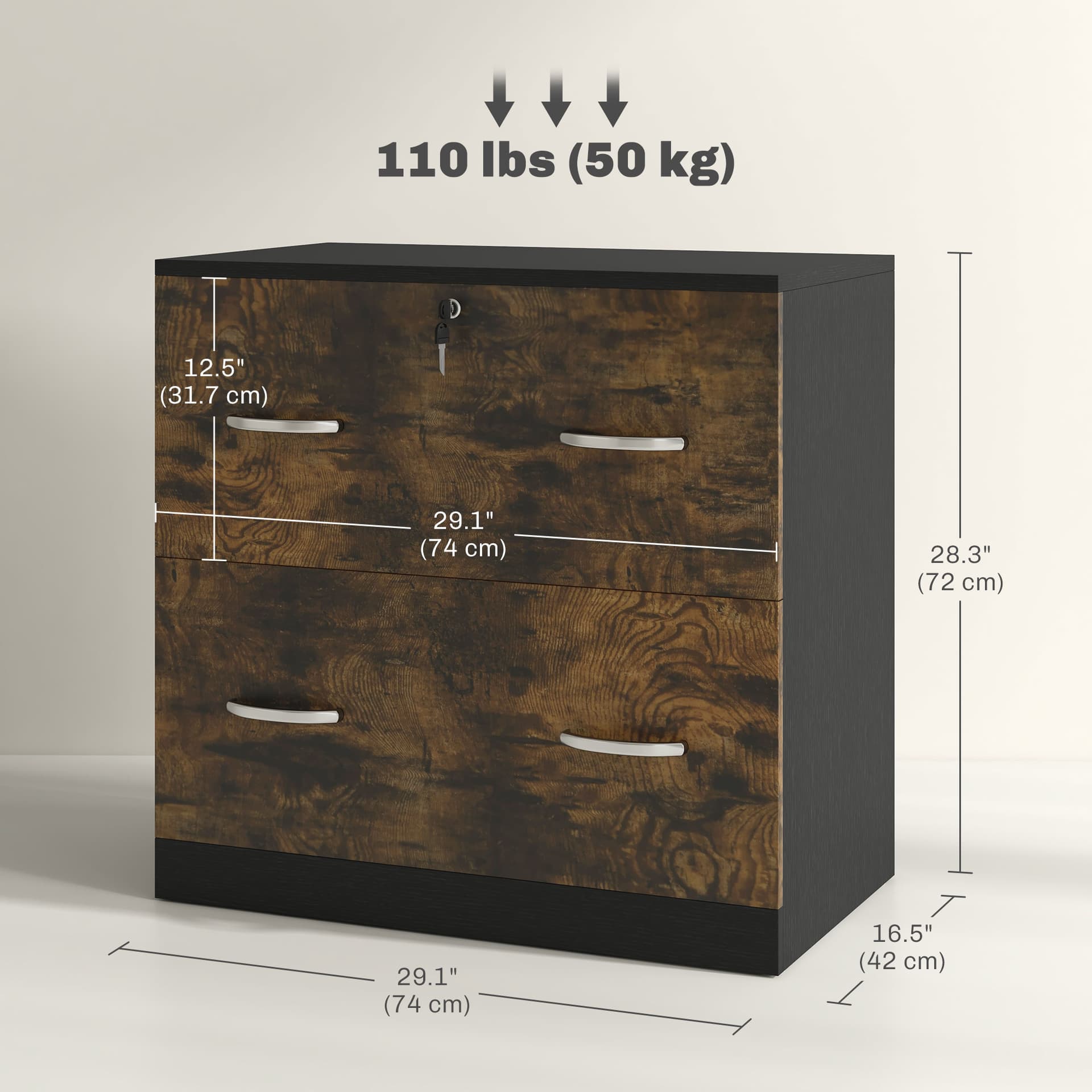 2 Drawer File Cabinet with Lock, Office Filing Cabinet, Hanging Bar for Letter Size, Home Office, Rustic Brown