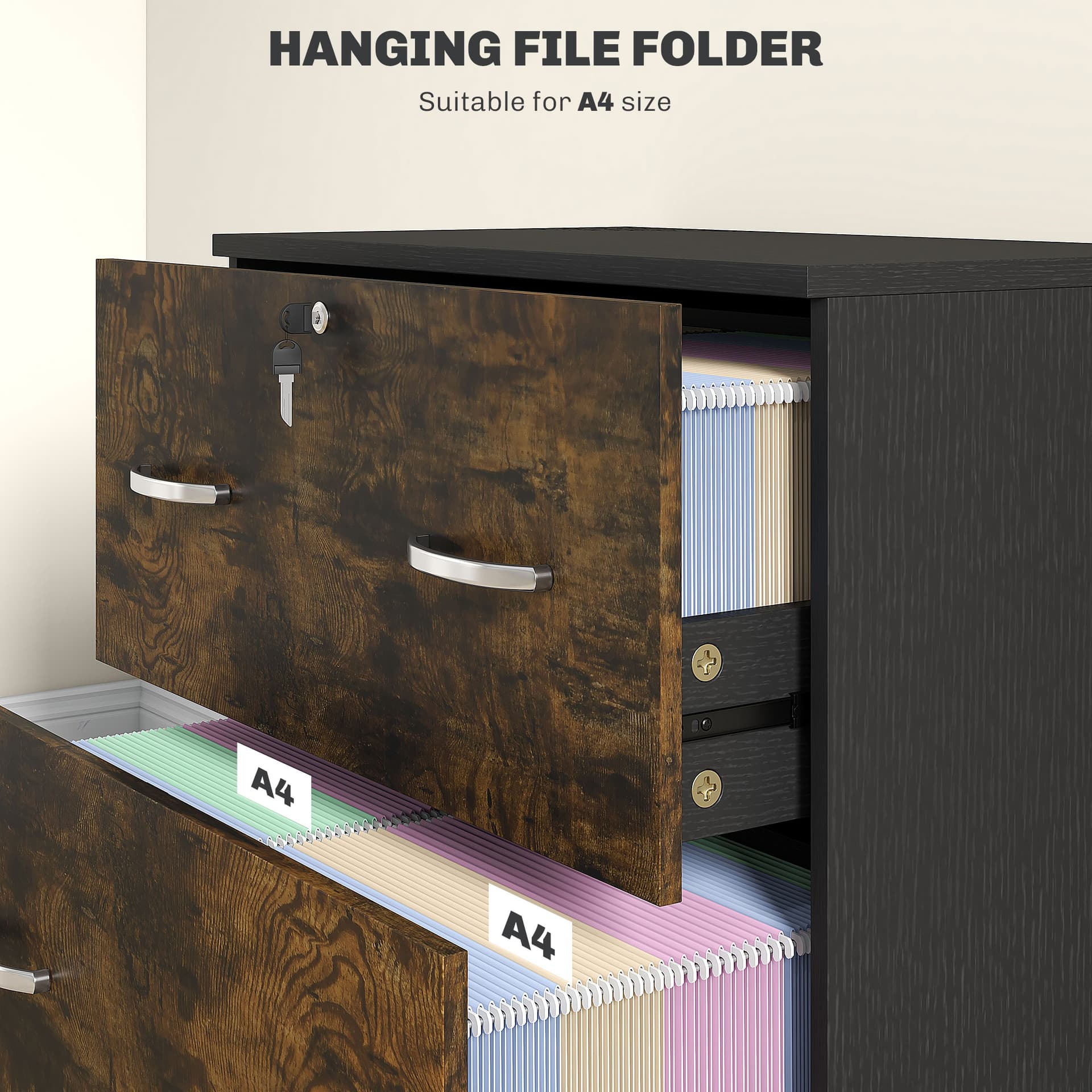 2 Drawer File Cabinet with Lock, Office Filing Cabinet, Hanging Bar for Letter Size, Home Office, Rustic Brown