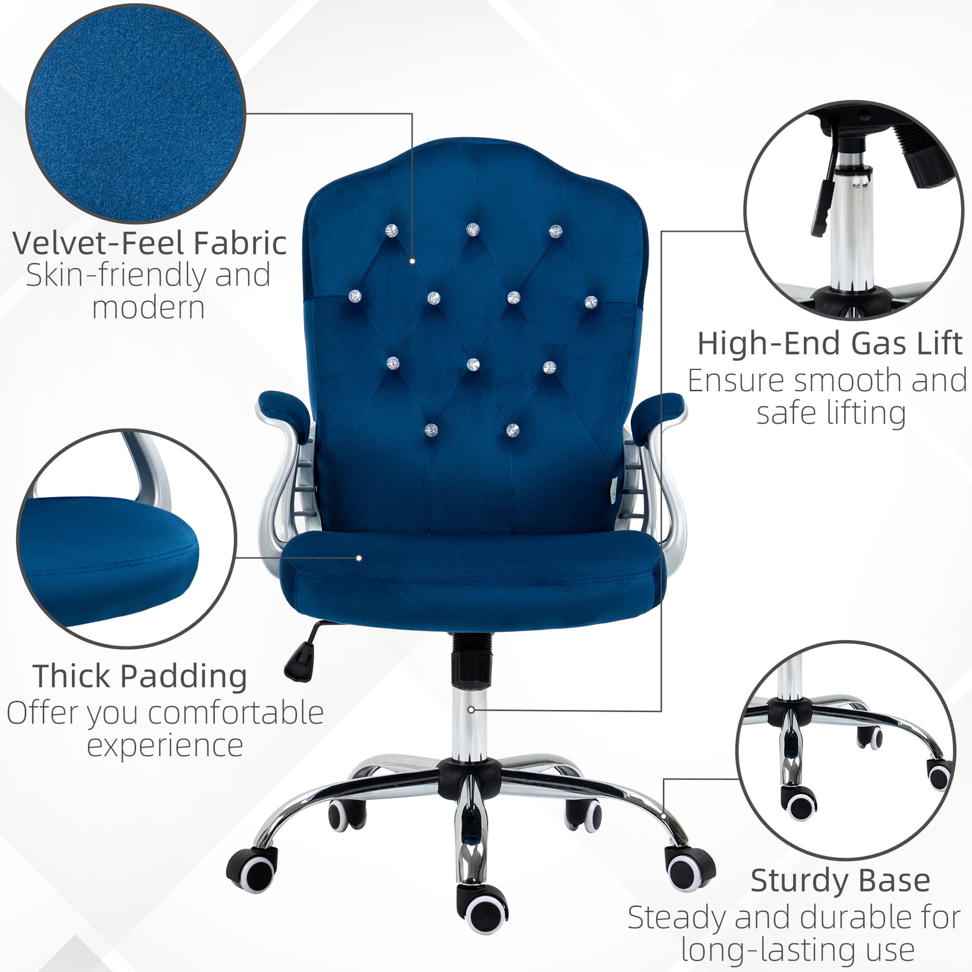 Office Chair, Velvet Computer Desk Chair with Swivel Wheels, Adjustable Height, Tilt Function, Button Tufted, Blue