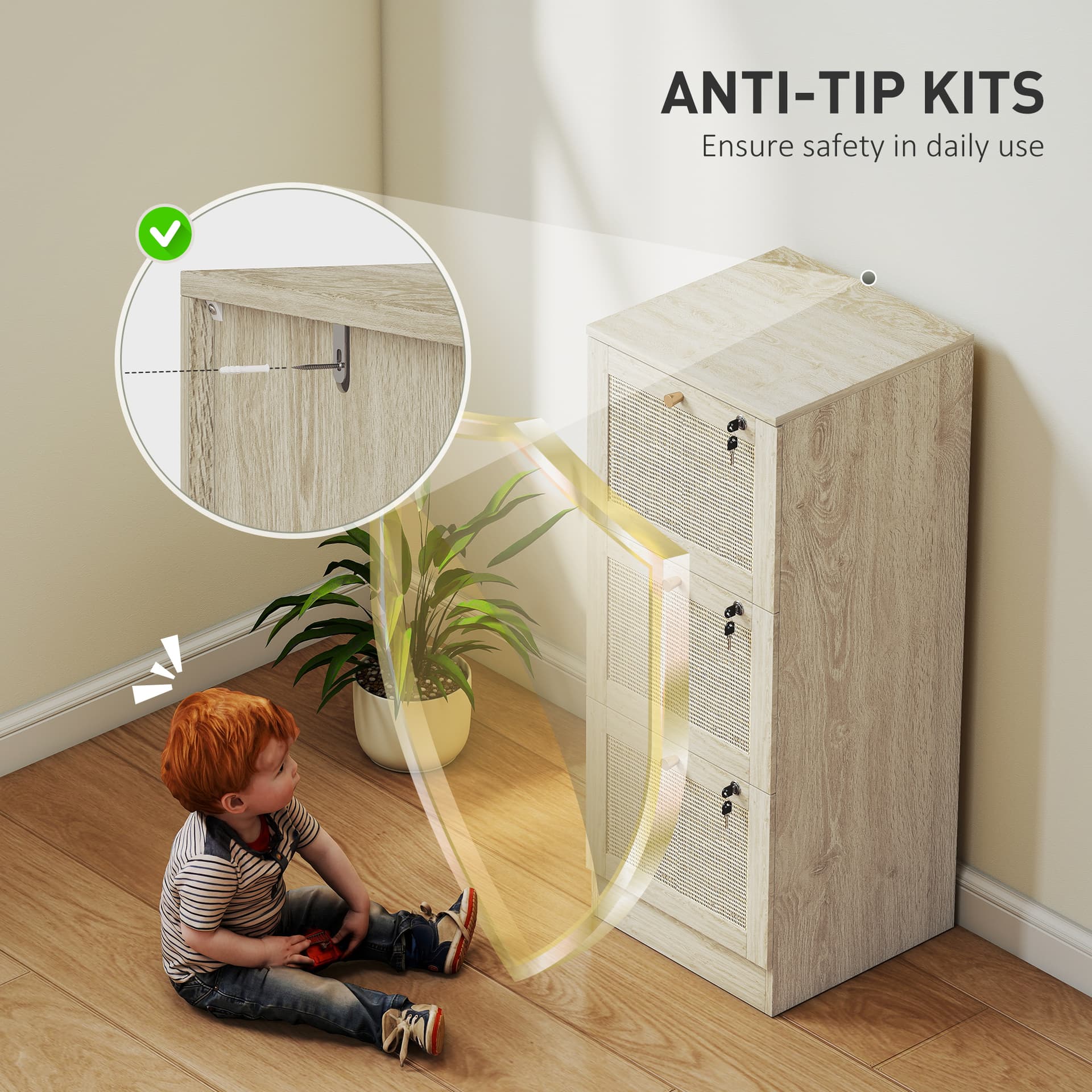 3 Drawer Filing Cabinet with Lock, Boho File Cabinet for A4 Letter Size Files with Decorative Rattan Accents, Oak