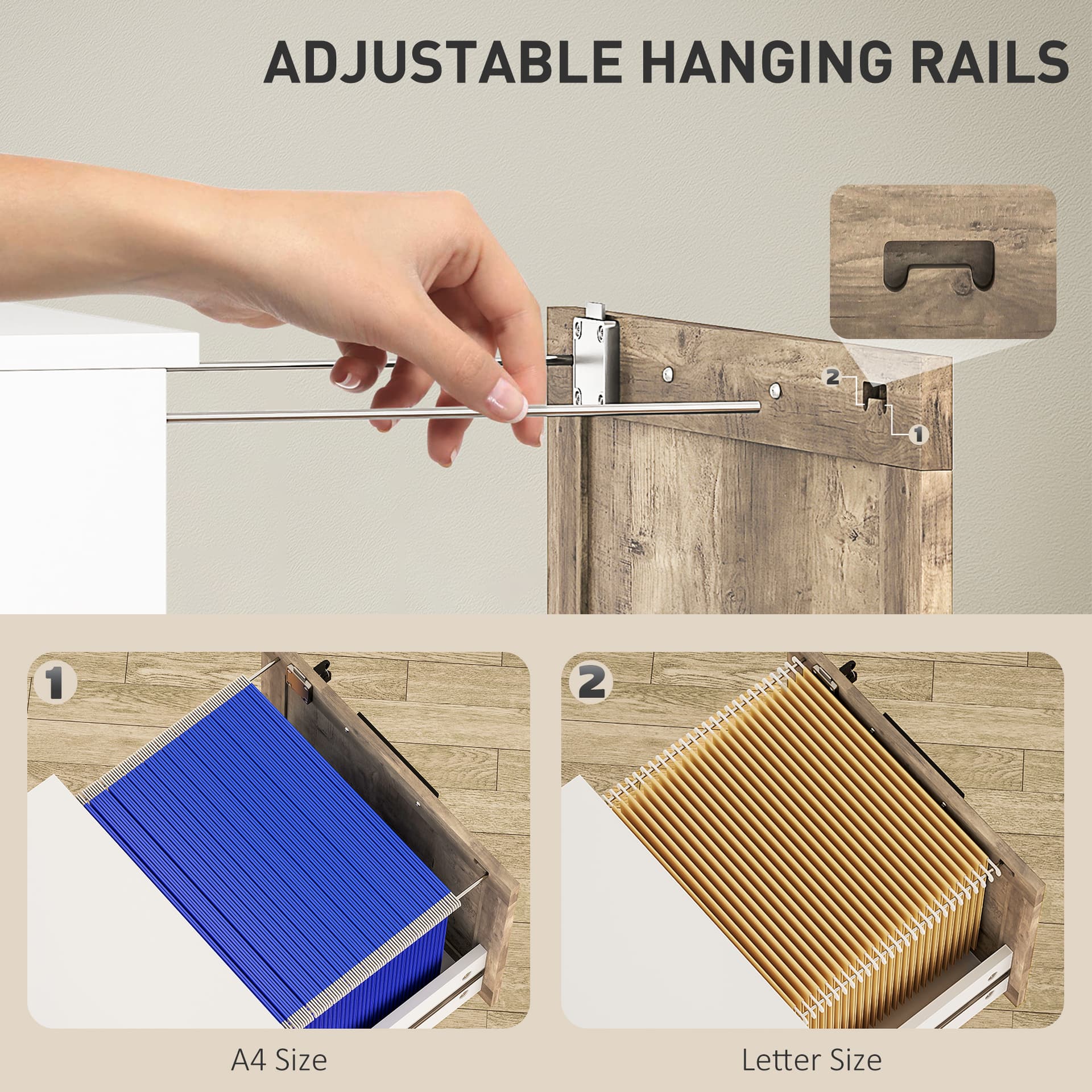 4 Drawer Filing Cabinet, Farmhouse File Cabinet with Lock, Adjustable Hanging Rails for A4 Letter Size Files, White