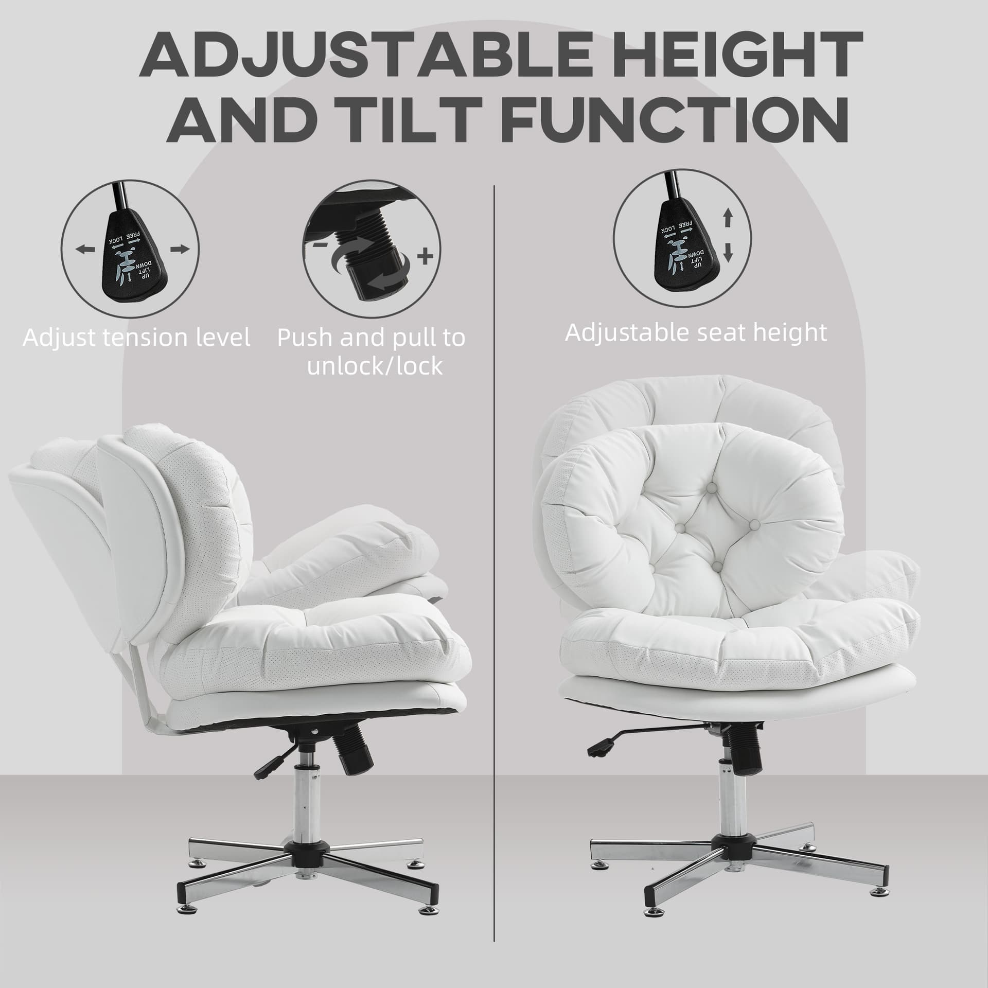 Computer Desk Chair, Armless Office Chair with Wide Padded Seat and Adjustable Height, White