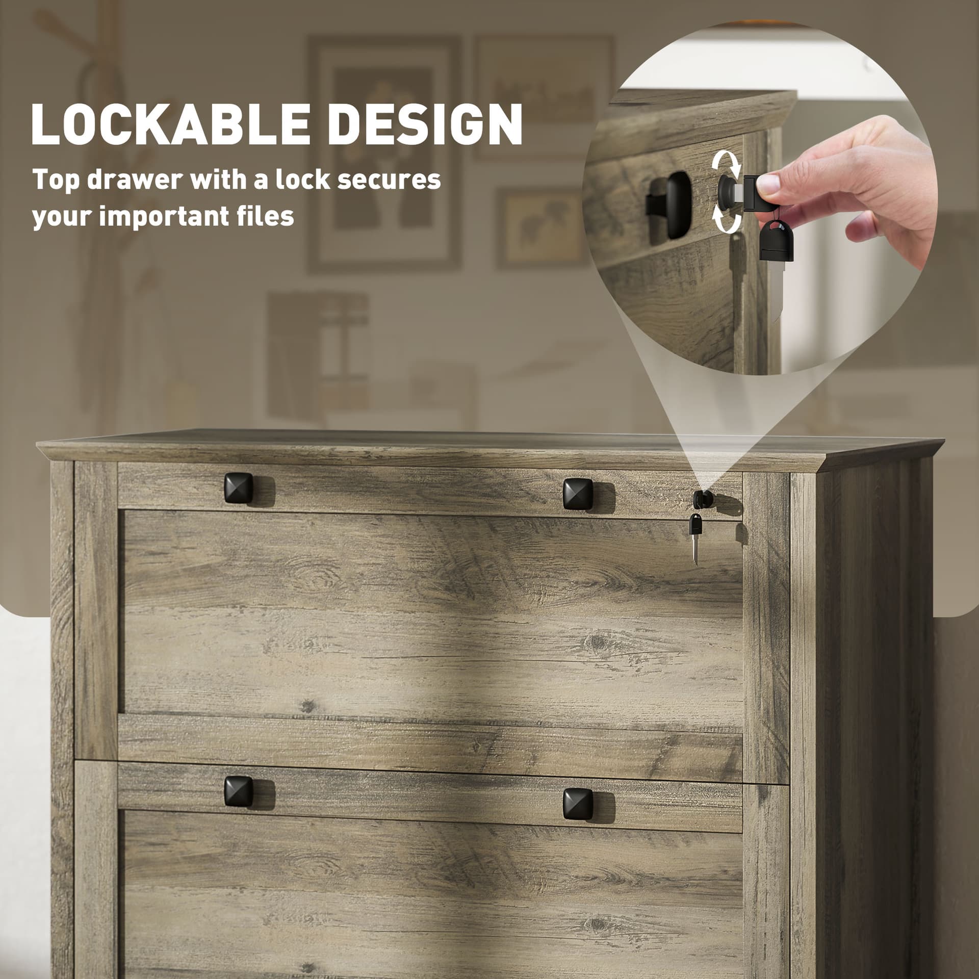 2 Drawer File Cabinet, Lockable Filing Cabinet with Adjustable Hanging Bar for Letter, A4 Size, Weathered Grey Oak