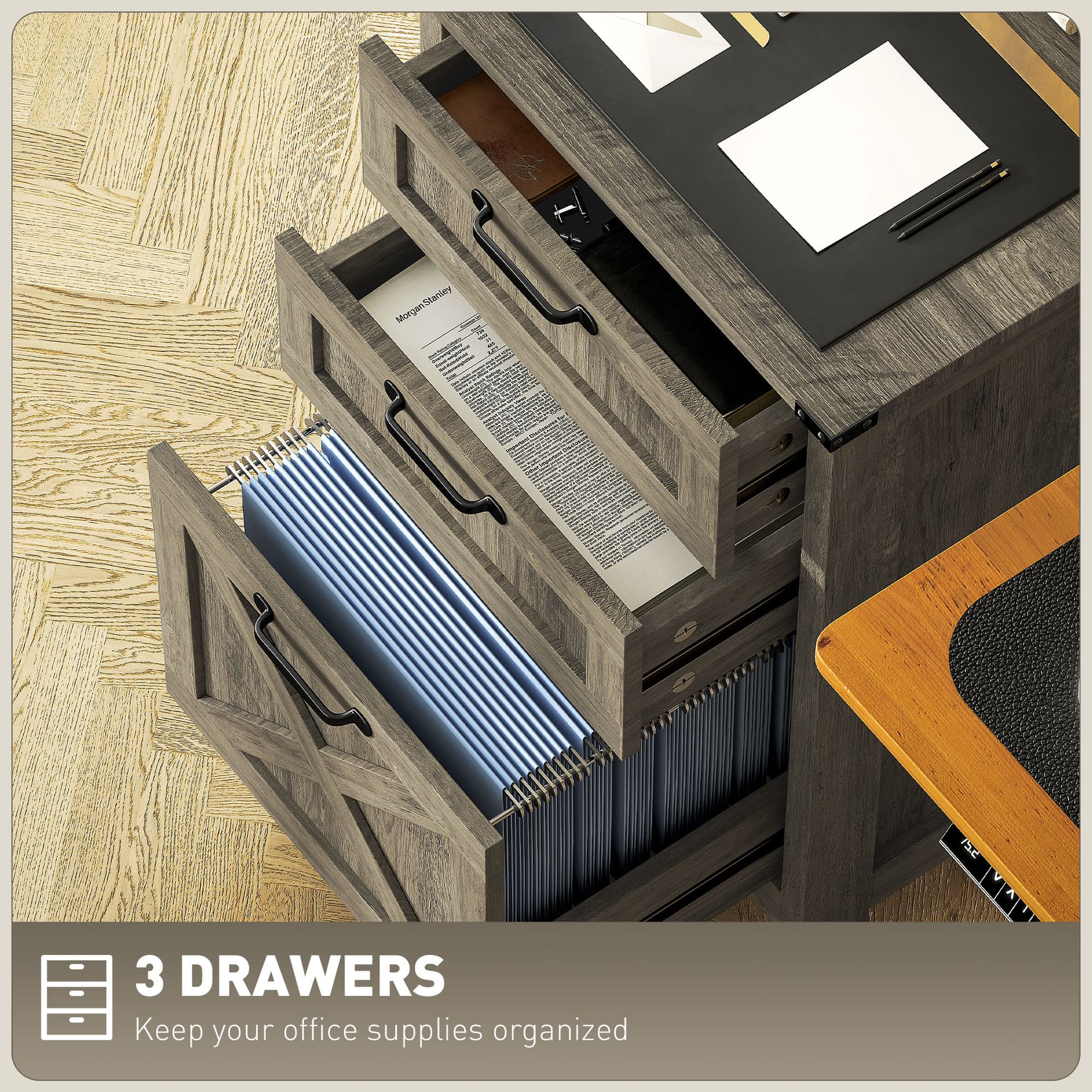 Vertical Filing Cabinet with 3 Drawers, Rustic Farmhouse Office Storage Cabinet for A4, Letter Size, Grey Wash