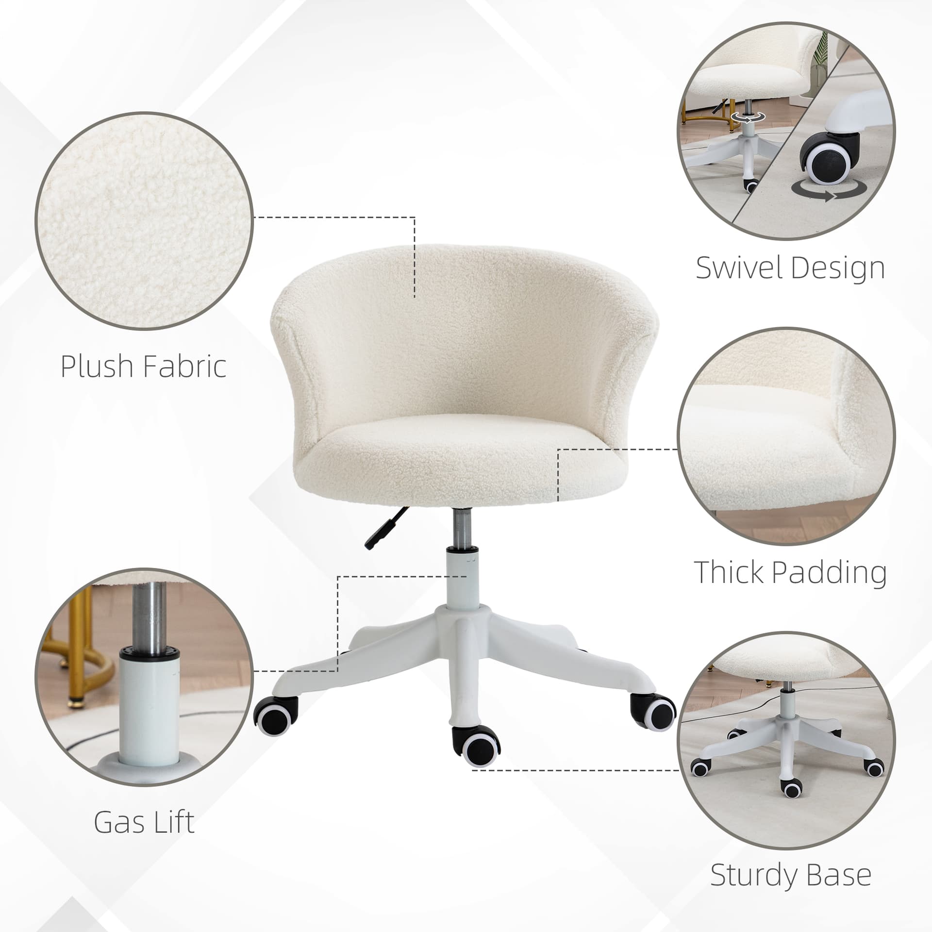 Armless Office Chair, Fluffy Computer Desk Chair with Adjustable Height, Swivel Wheels, Mid Back, White