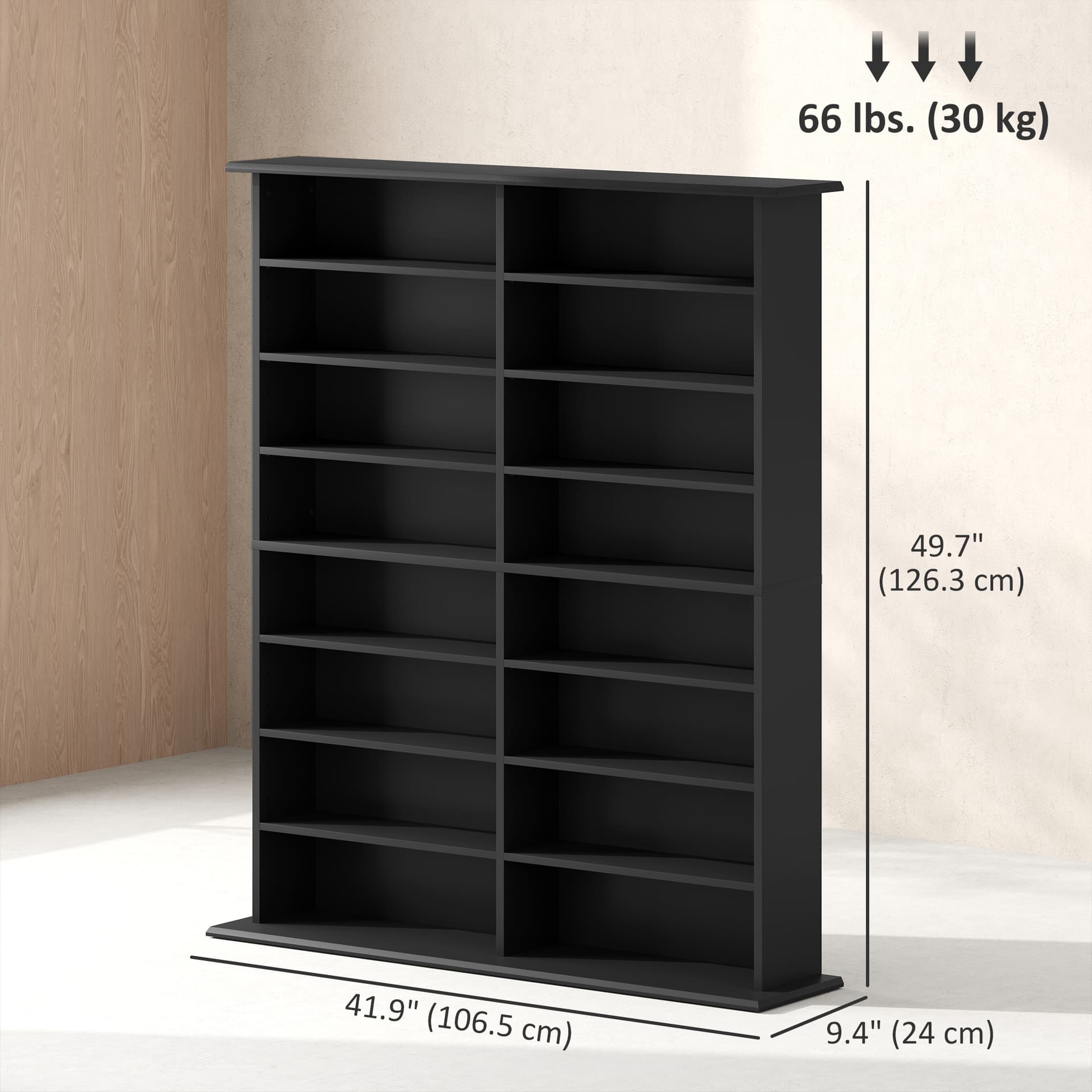 8-Tier DVD Shelf with 12 Adjustable Shelves, Double CD Shelf, Holds 720 CDs, 396 DVDs or 396 Blu-rays, Black