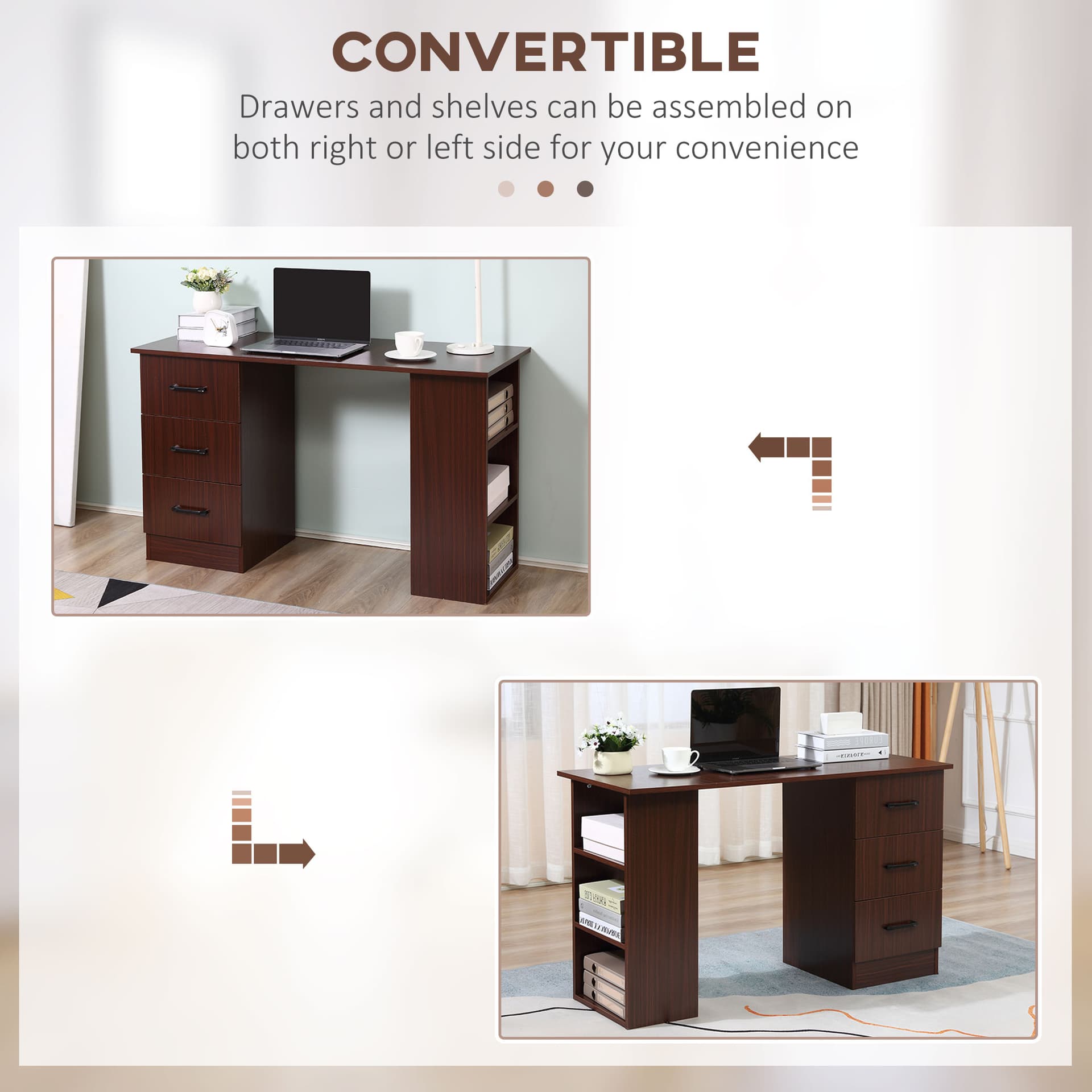 Computer Desk, 47" Writing Table with 3-Tier Shelves and 3 Reversible Drawers for Home Office, Bedroom, Walnut