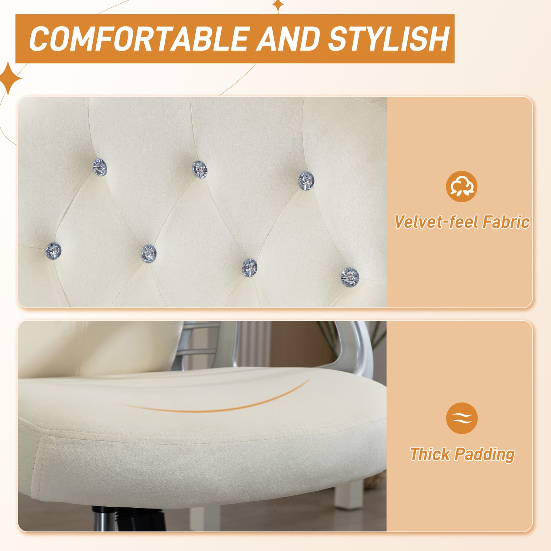 Vanity Office Chair, Velvet Computer Desk Chair with Swivel Wheels, Adjustable Height, Tilt Function, Beige