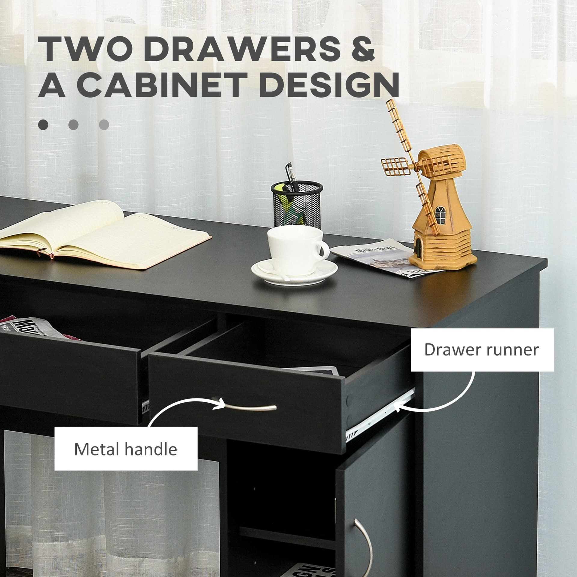 Computer Desk with Storage Drawers, Study Writing Table with Cabinet Adjustable Shelf for Home Office Workstation Bedroom, Black