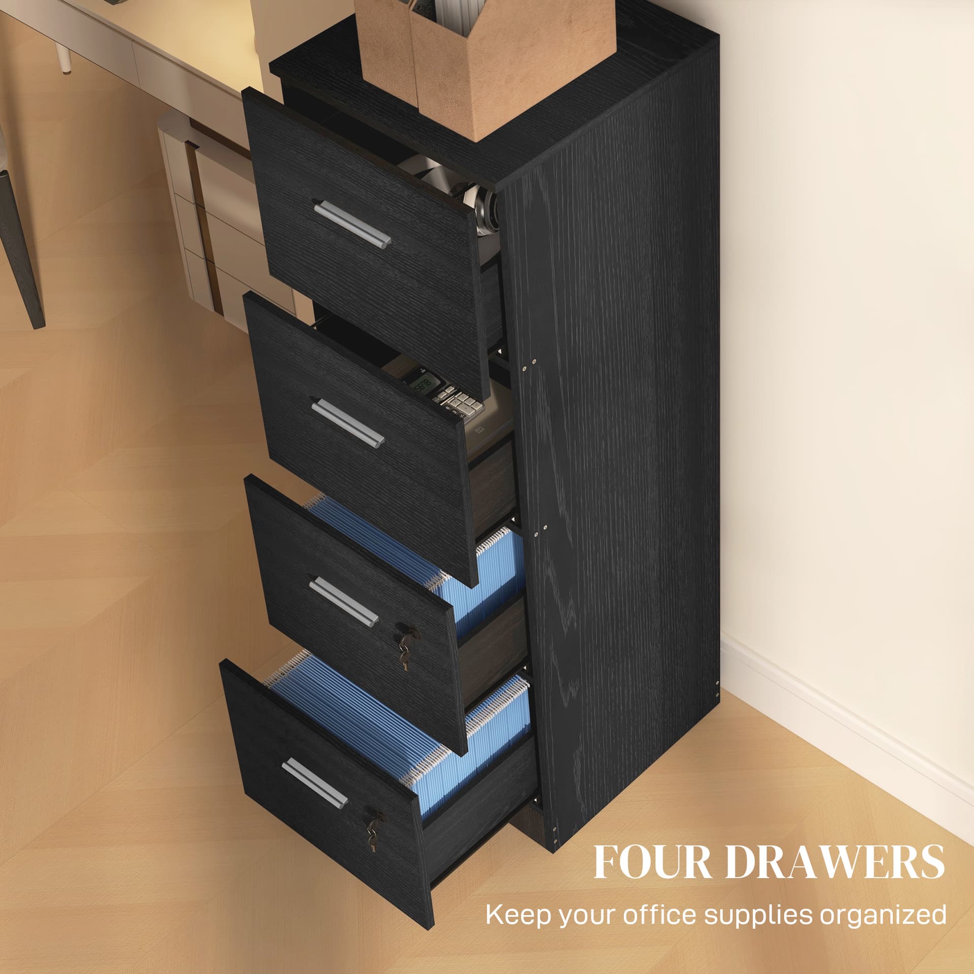 Vertical Filing Cabinet with Lock, 4 Drawer File Cabinet with Adjustable Hanging Bar for A4 and Letter Size, Black