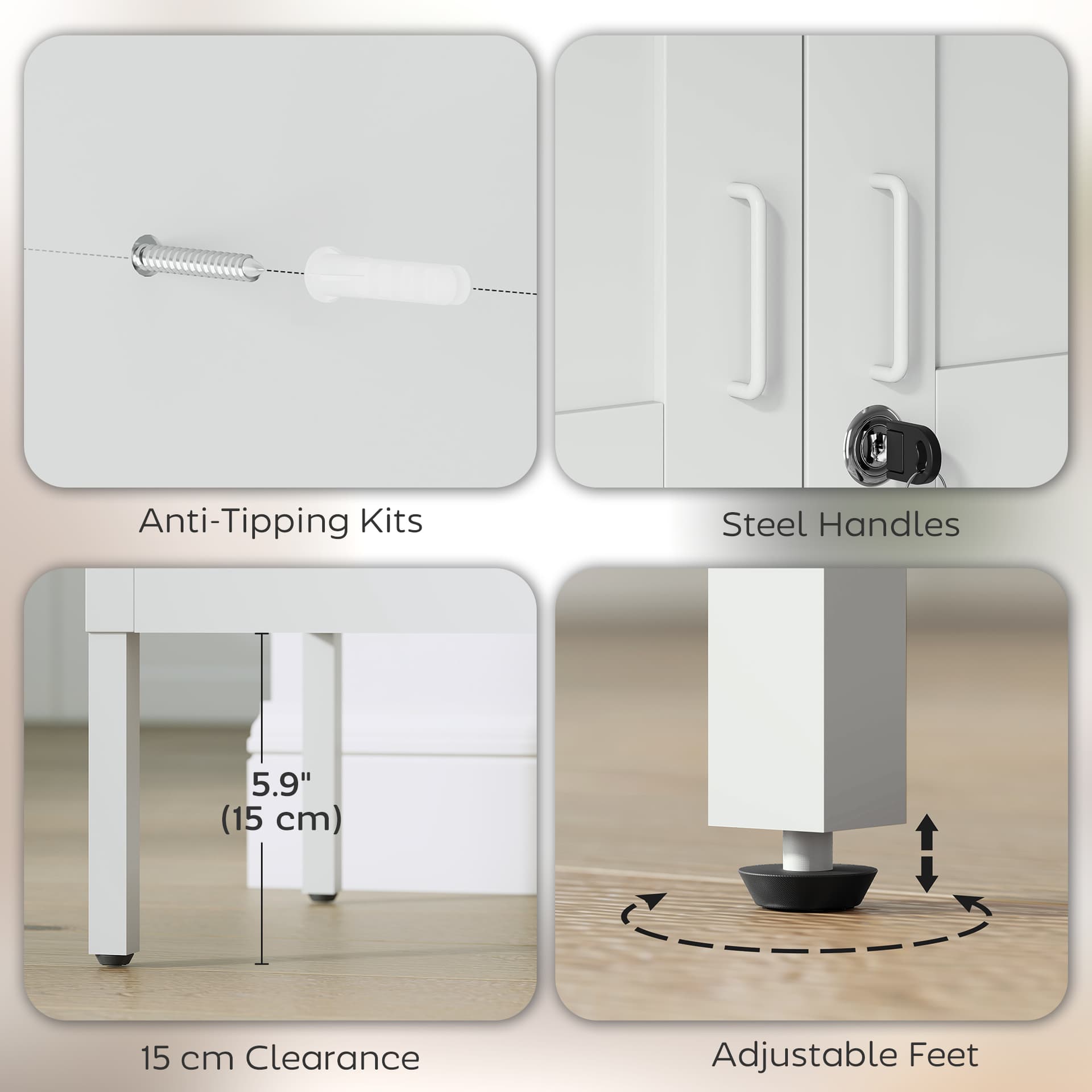 Office Storage Cabinet, Lockable Filing Cabinet with 3 Adjustable Shelves and 2 Doors for Home Office, Garage, White