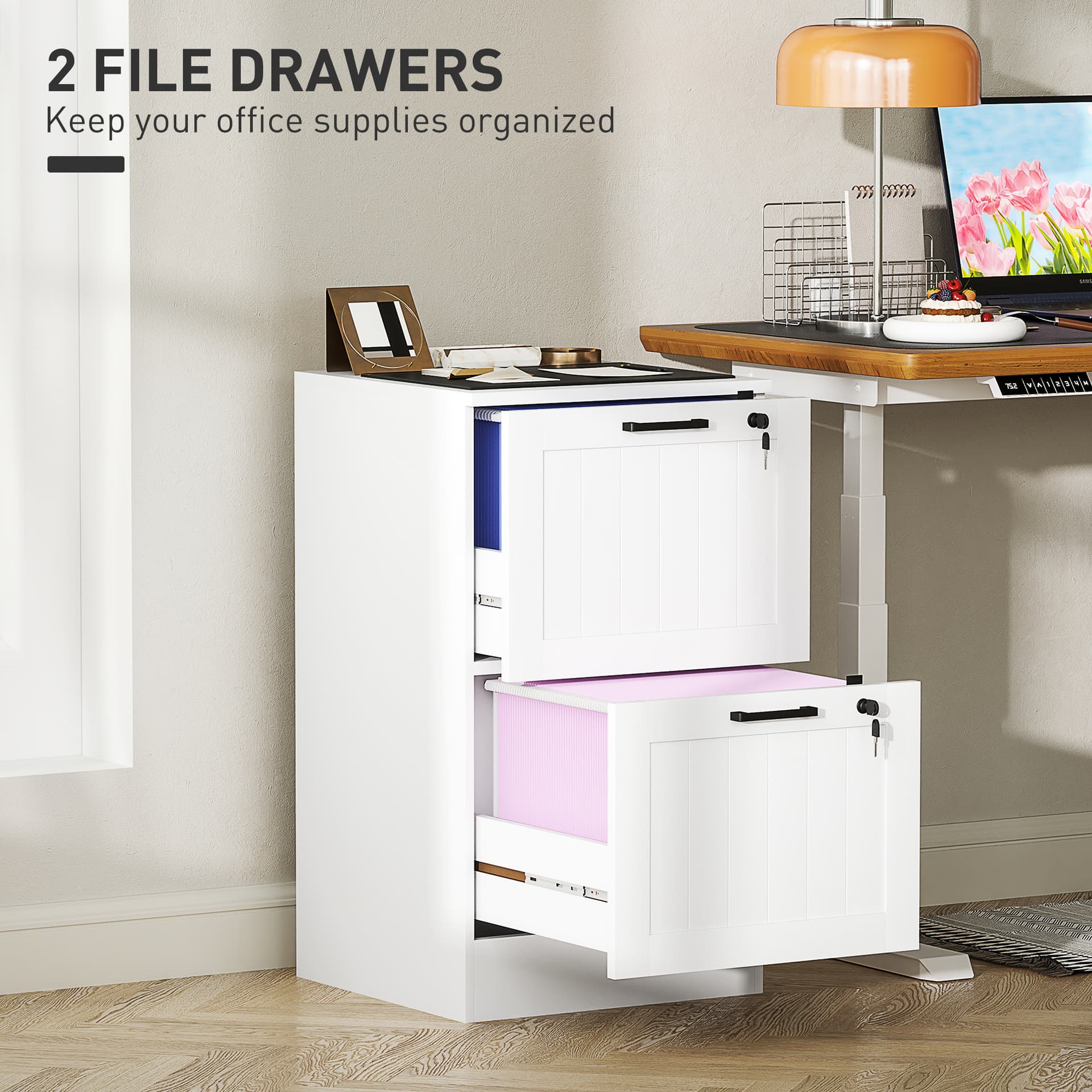 2 Drawer Filing Cabinet with Lock, Office Storage Cabinet with Adjustable Hanging Bars for A4 Letter Size Files, White
