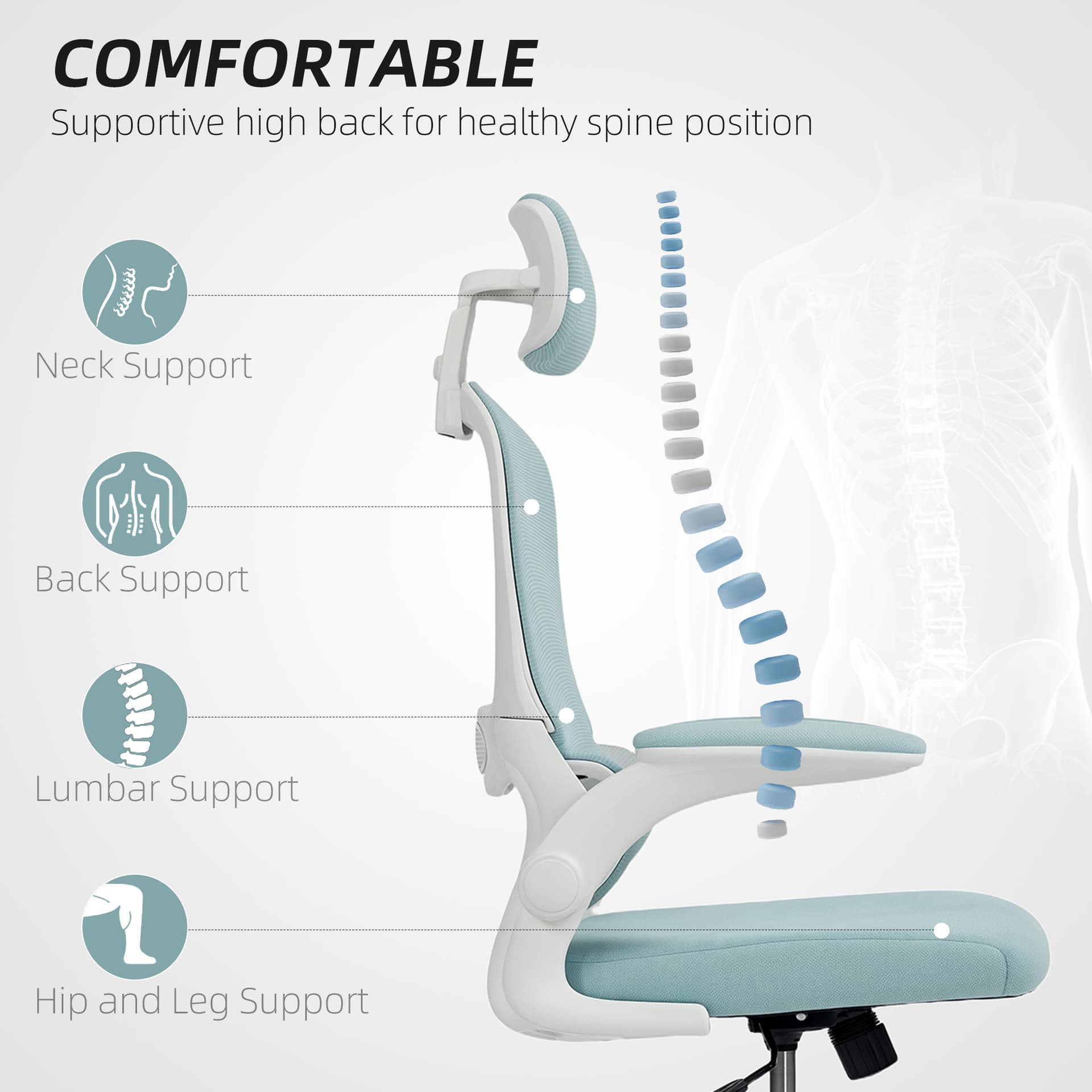Ergonomic Mesh Office Chair, High Back Desk Chair with Rotatable Headrest, Flip-Up Armrests, Lumbar Support, Light Green