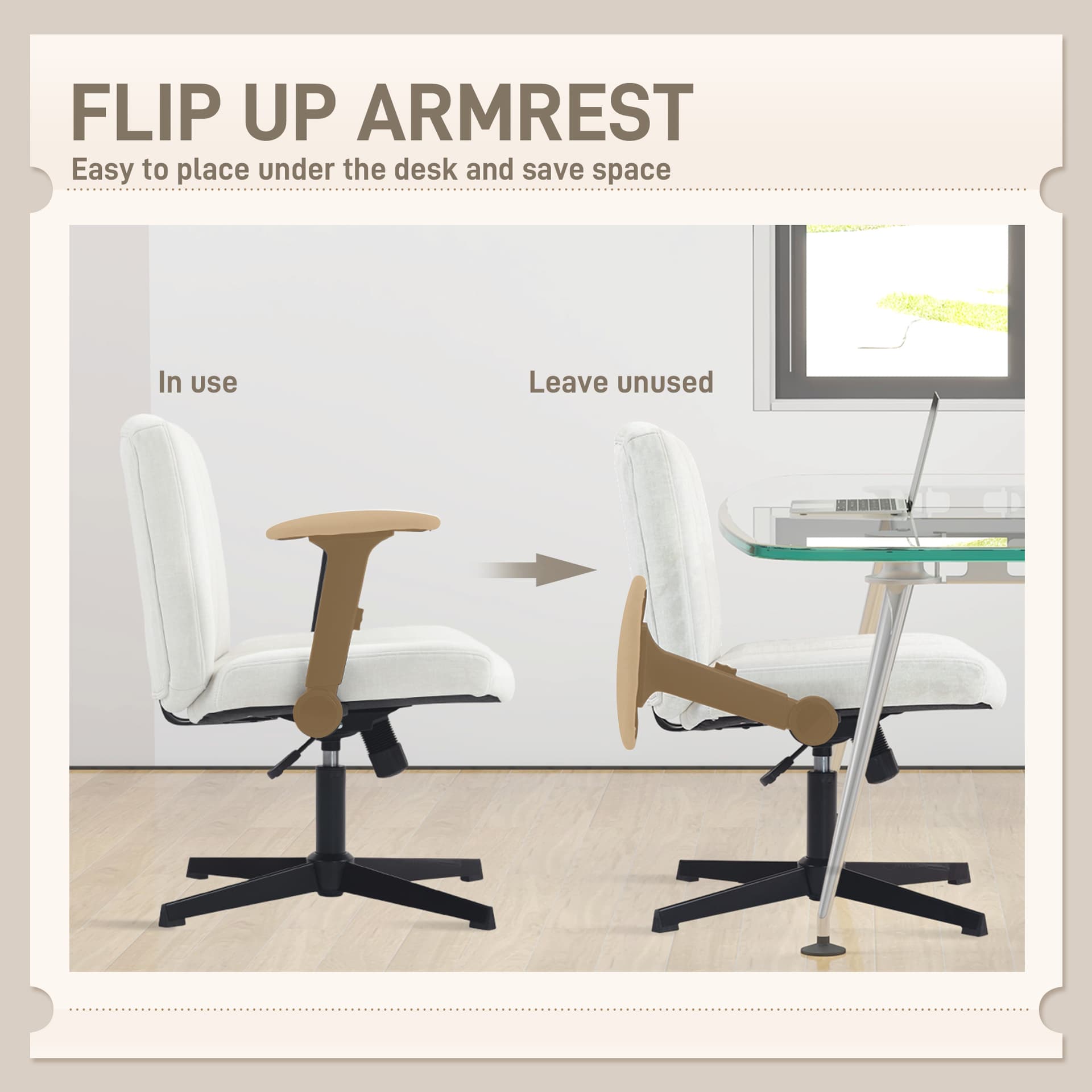Criss Cross Chair with Flip-up Armrests, Wide Office Chair with Adjustable Height, Tilting, No Wheels, Beige