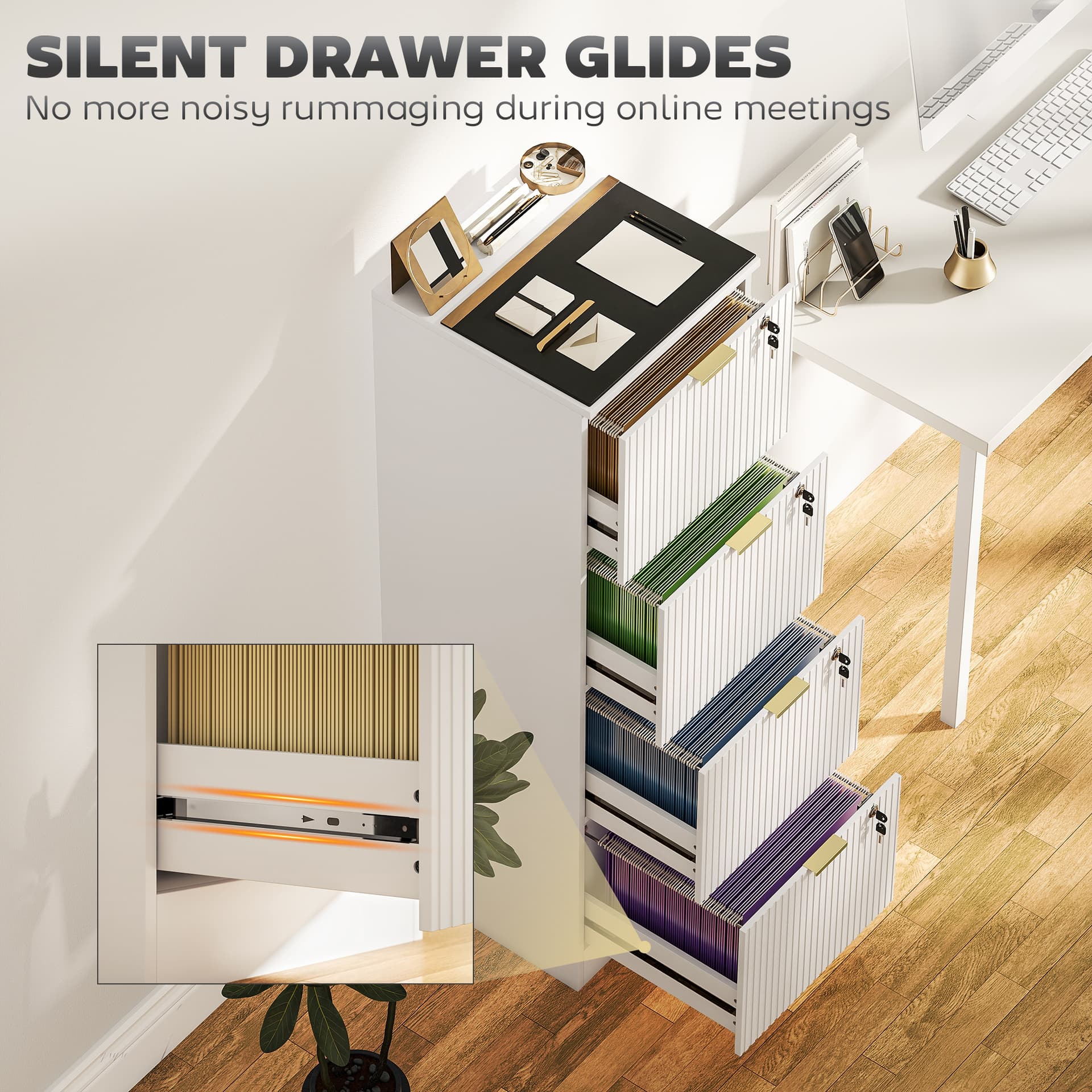 Lockable Filing Cabinet with 4 Fluted Drawers, File Cabinet with Adjustable Hanging Rails for A4 Letter Files, White