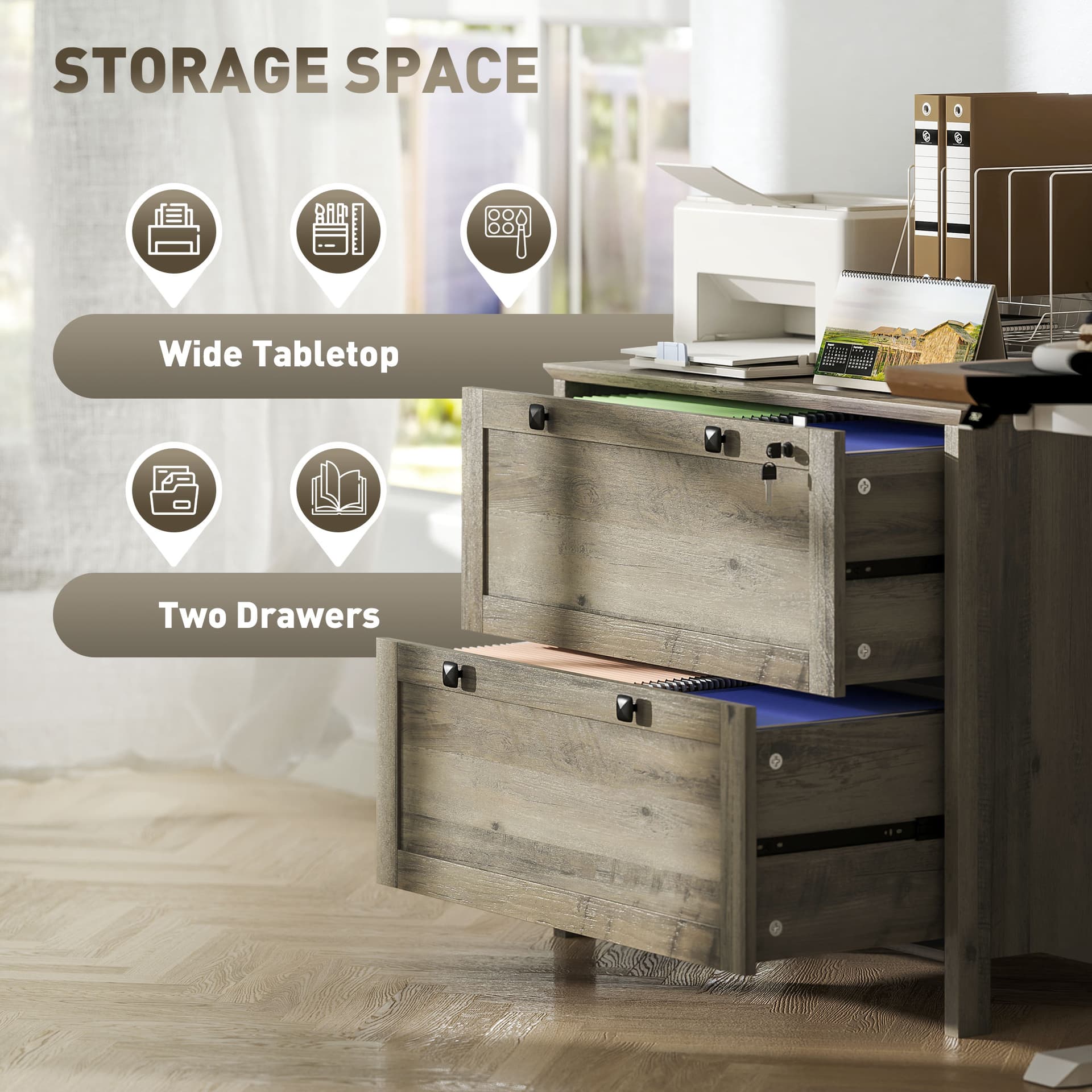 2 Drawer File Cabinet, Lockable Filing Cabinet with Adjustable Hanging Bar for Letter, A4 Size, Weathered Grey Oak