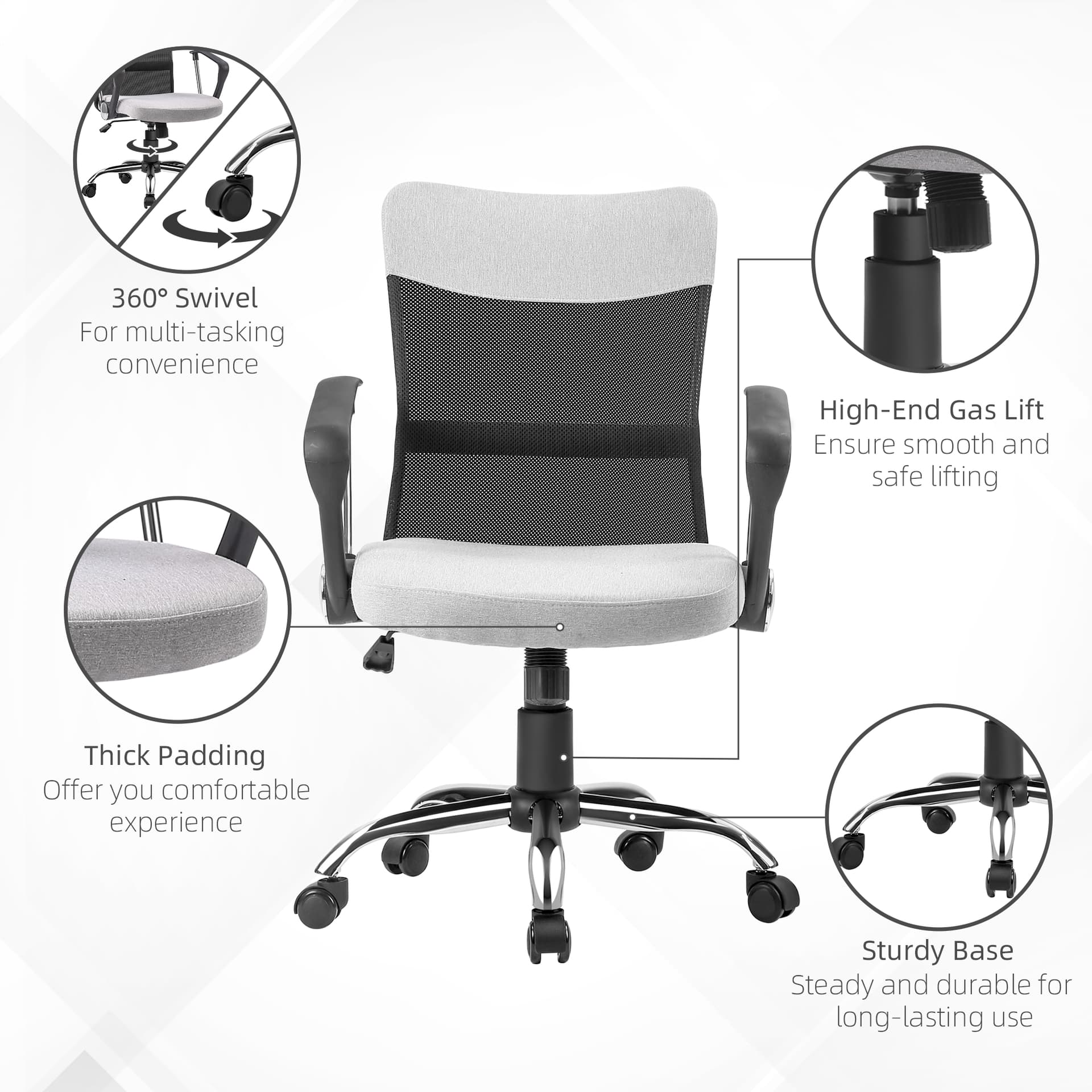 Mid Back Office Chair, Linen Adjustable Office Chair with Lumbar Back Support, Arm, Adjustable Height, Grey