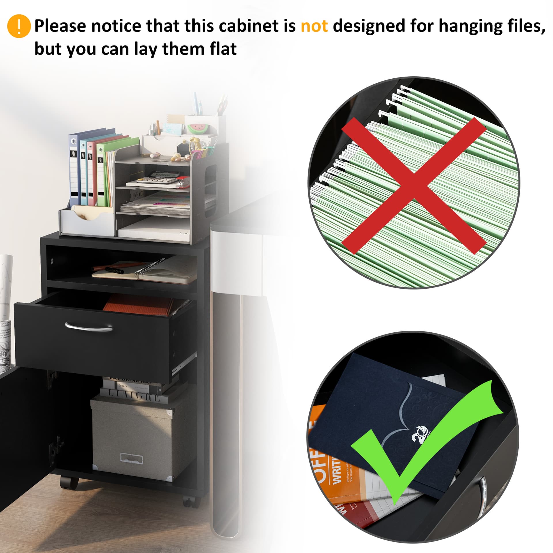 24" Small Filing Cabinet with Open Compartment, Drawer and Wheels, Home Office Storage Cabinet, Black