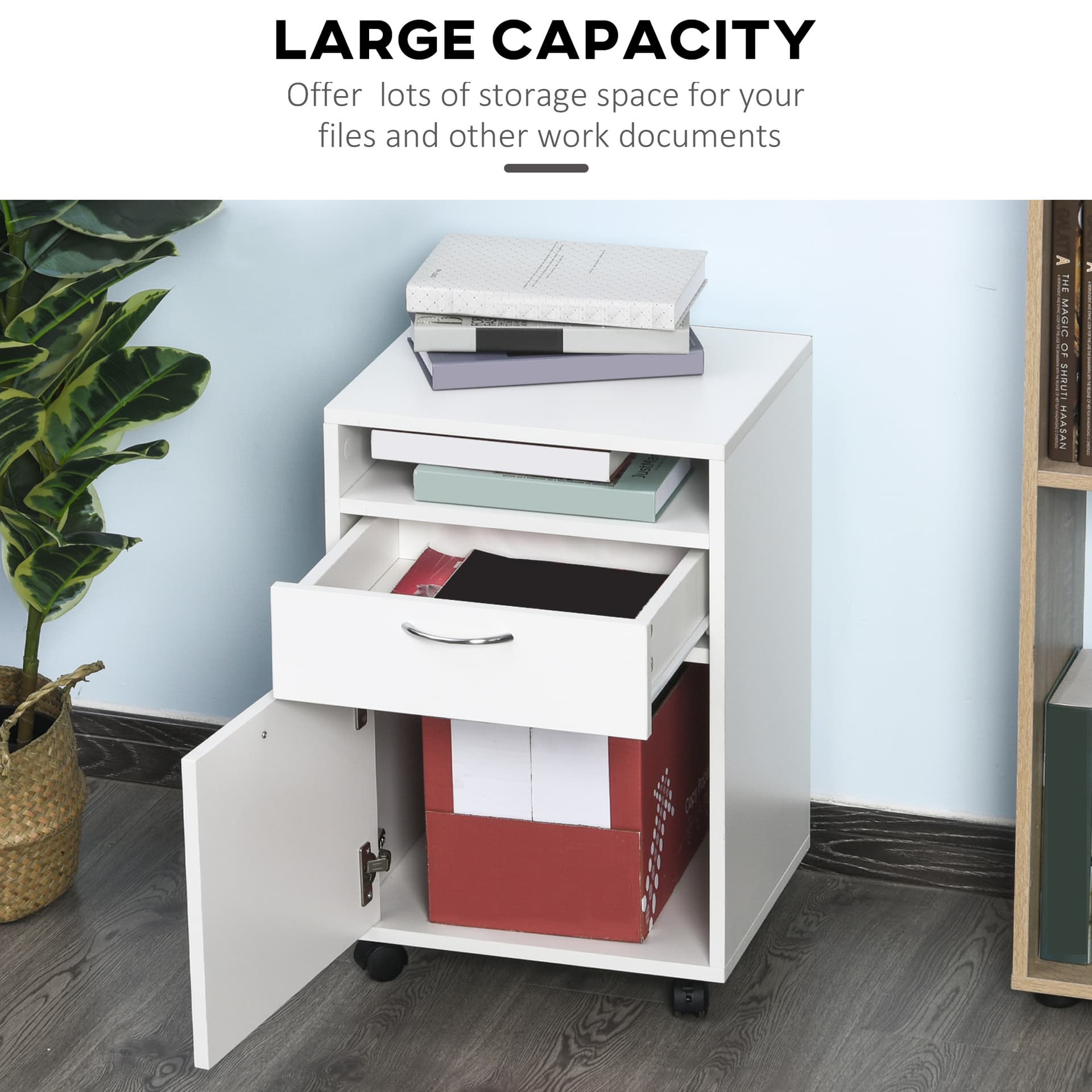 24" Small Filing Cabinet with Open Compartment, Drawer and Wheels, Home Office Storage Cabinet, White