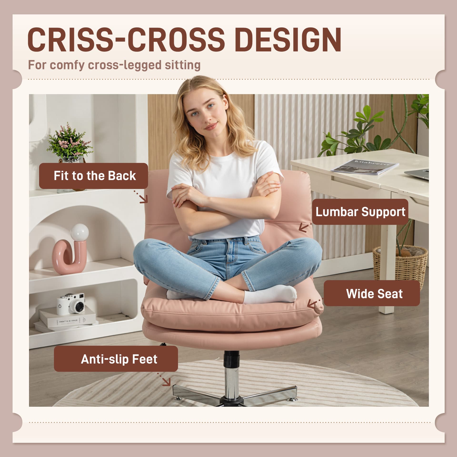 Armless Office Chair, Criss Cross Chair with Adjustable Height & Tilt Function for Home Office, Study, Pink