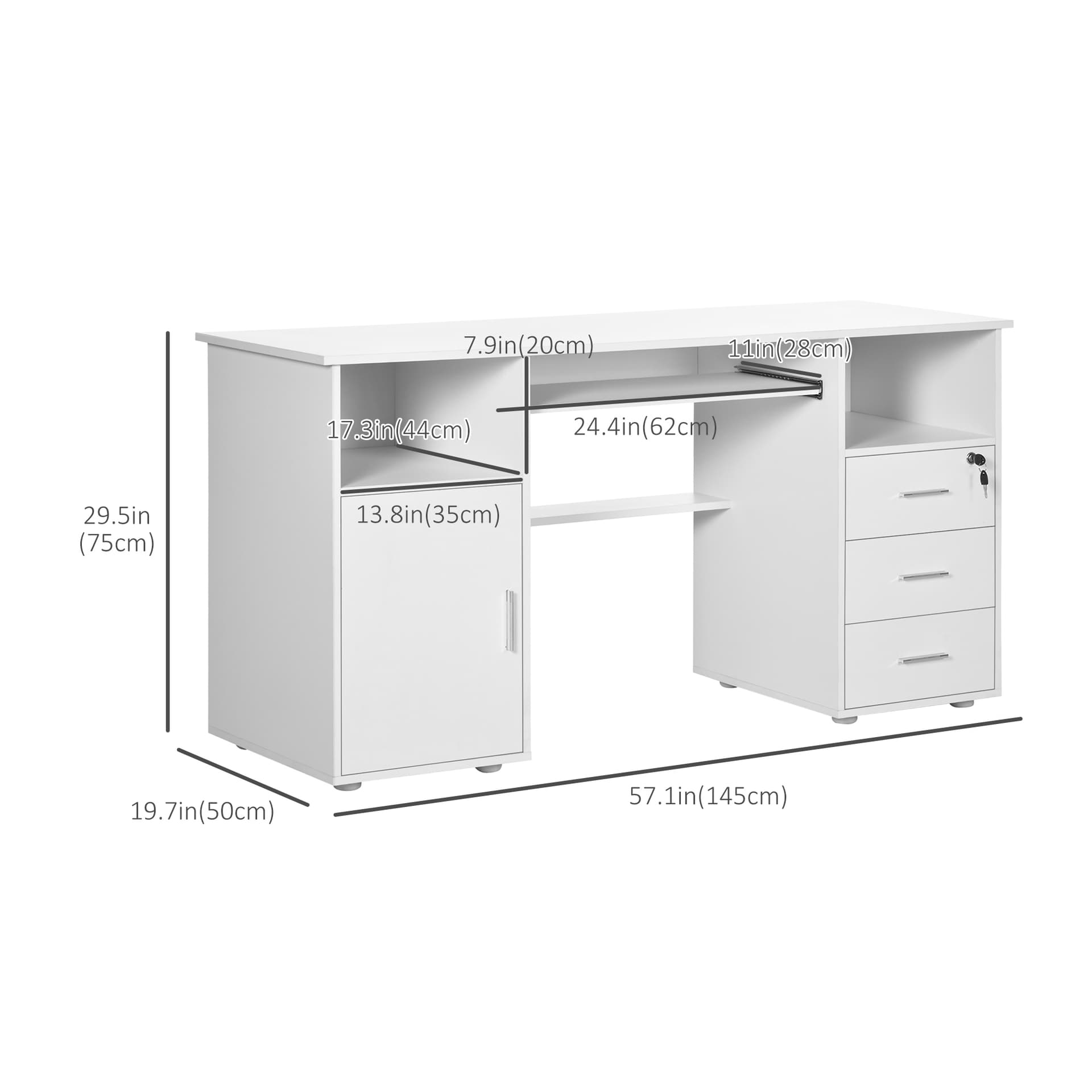 Computer Desk with Keyboard Tray and Drawers, Writing Desk, Home Office Workstation, White
