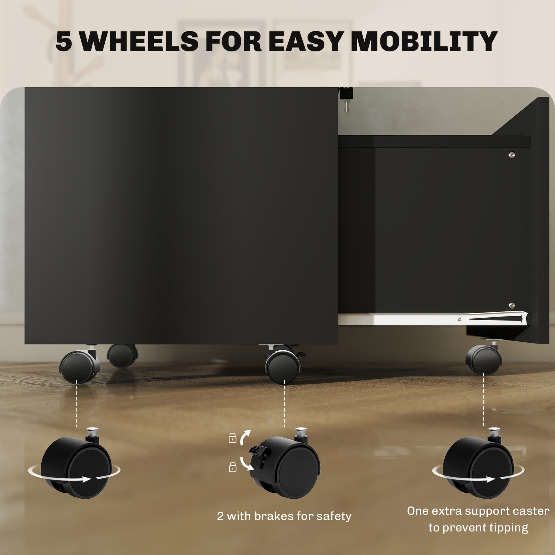 Small Filing Cabinet with 2 Drawers, Lockable Home Office Storage Cabinets on Wheels for A4, Letter Size, Black