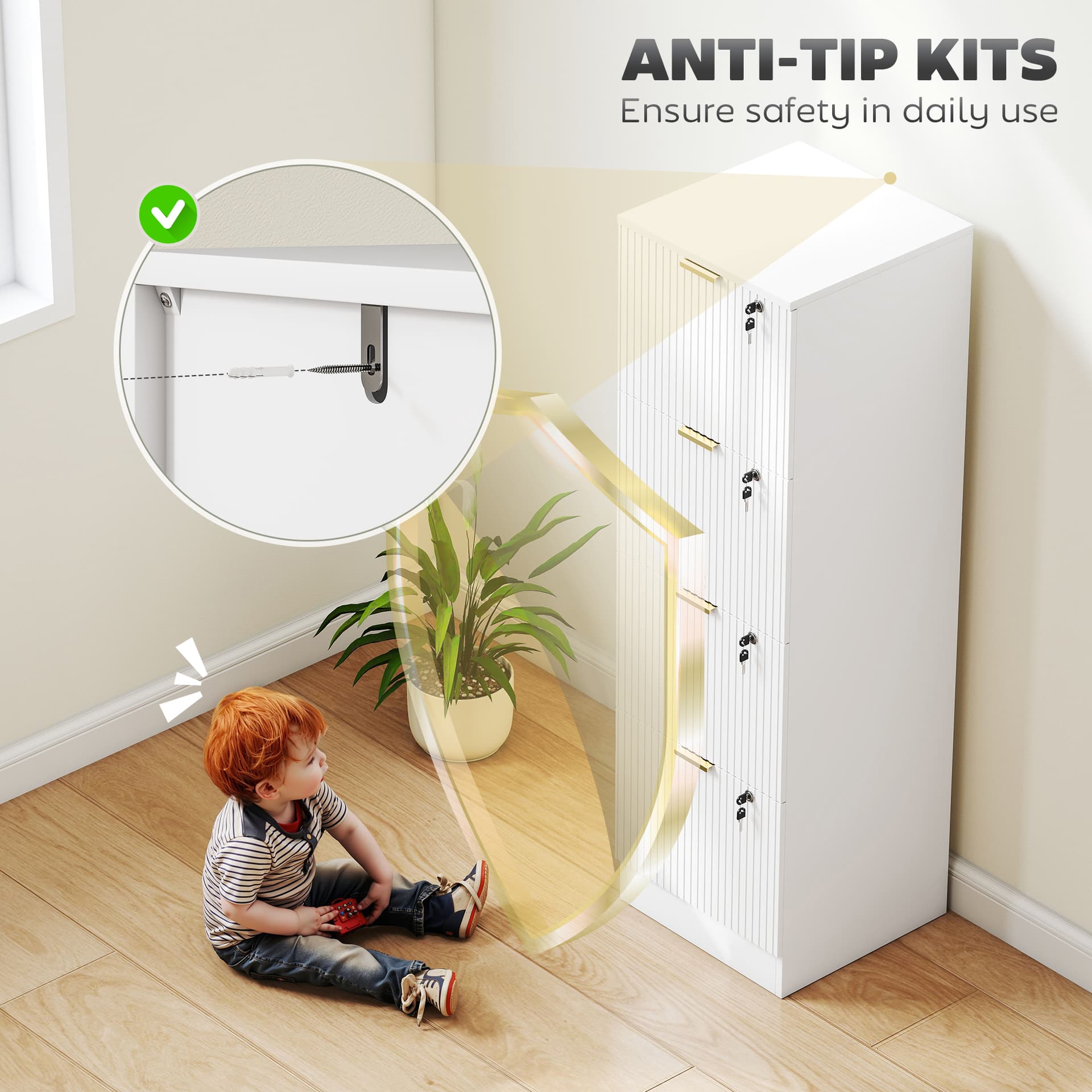 Lockable Filing Cabinet with 4 Fluted Drawers, File Cabinet with Adjustable Hanging Rails for A4 Letter Files, White