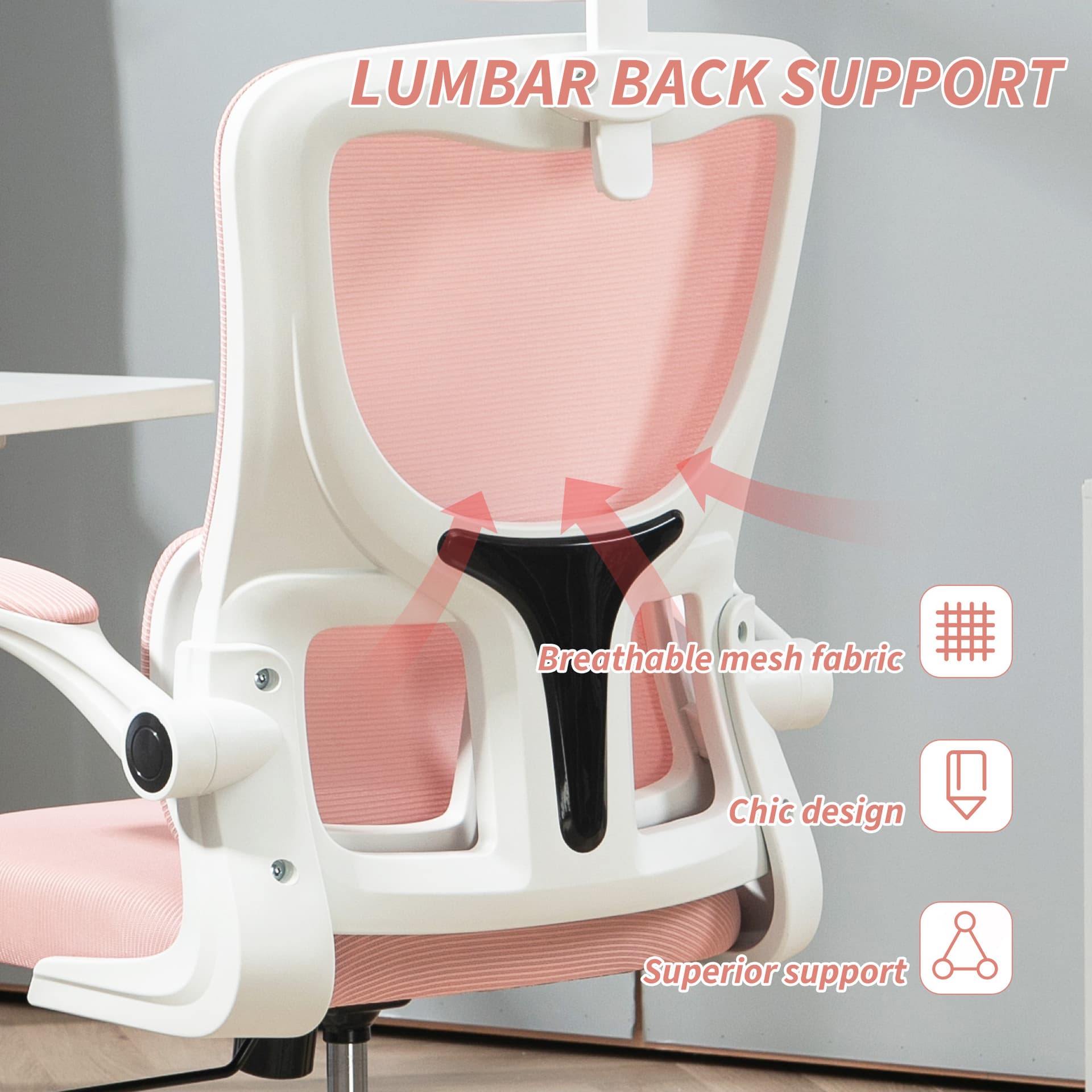 High Back Office Chair, Mesh Computer Desk Chair with Rotatable Headrest, Lumbar Back Support, Adjustable Height, Pink