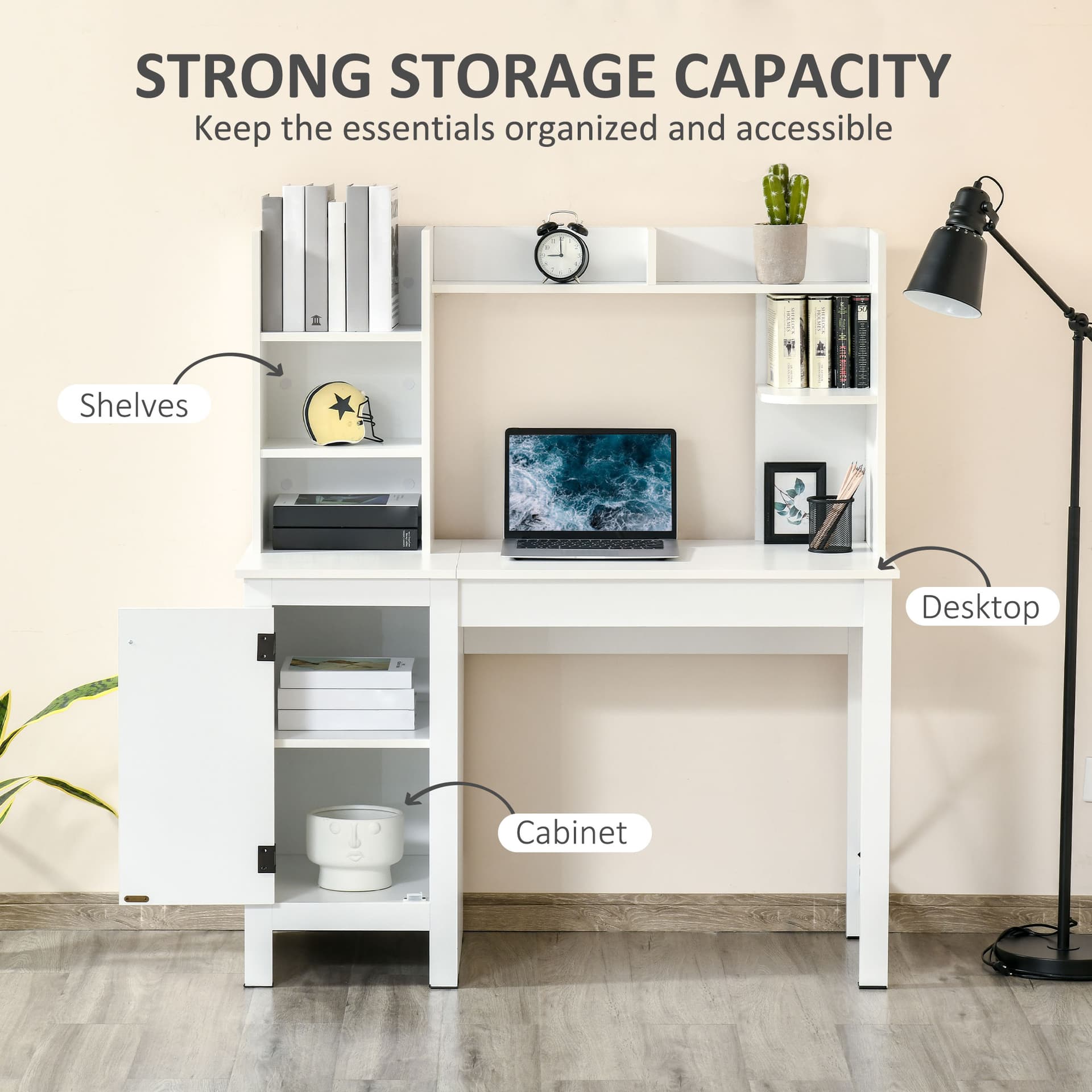 Computer Desk with Storage, 47 Inch Farmhouse Home Office Desk with Open Shelves and 2-Tier Cabinet, White