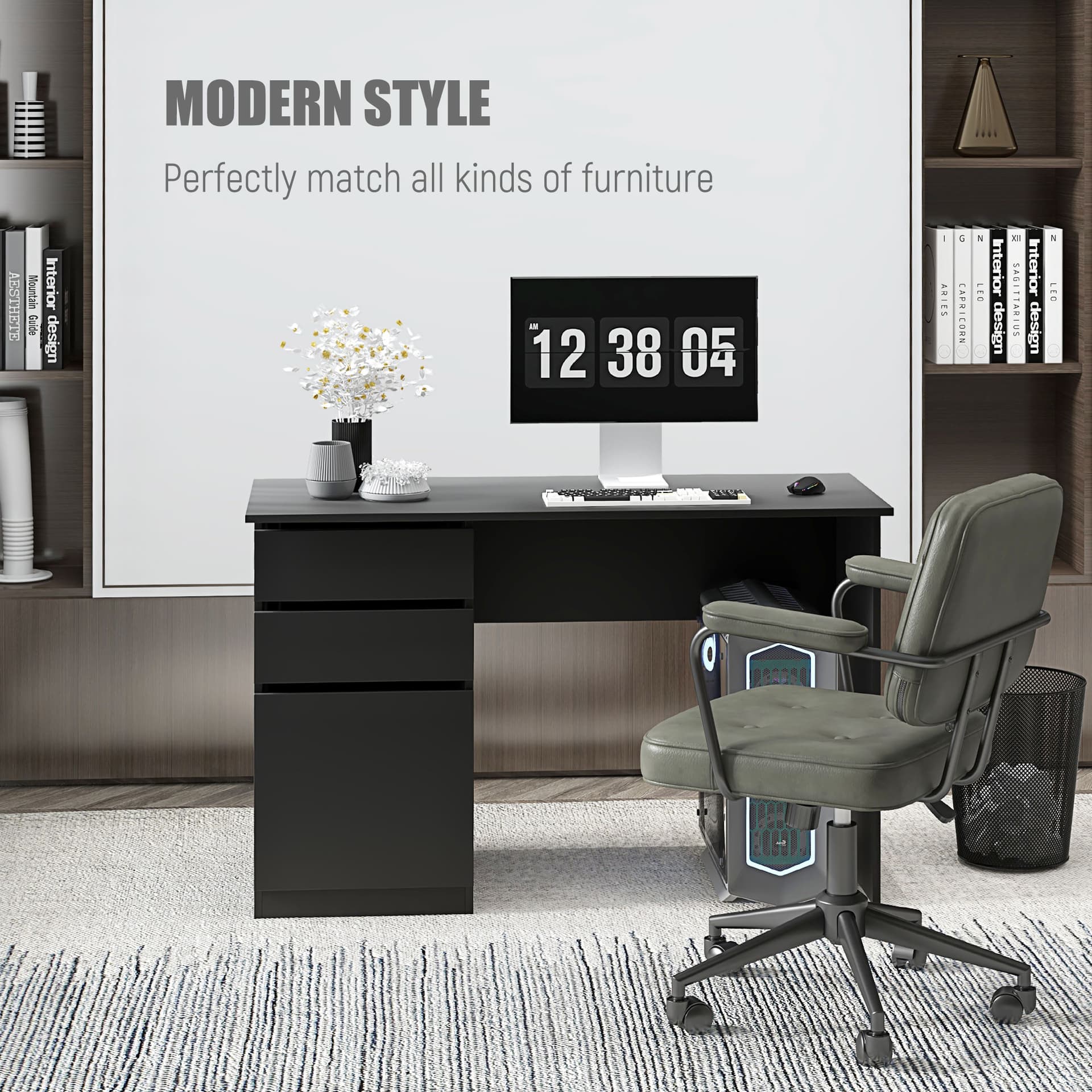 Computer Desk with Storage, PC Table with Drawers and Cabinet for Home Office, Study Room, Black