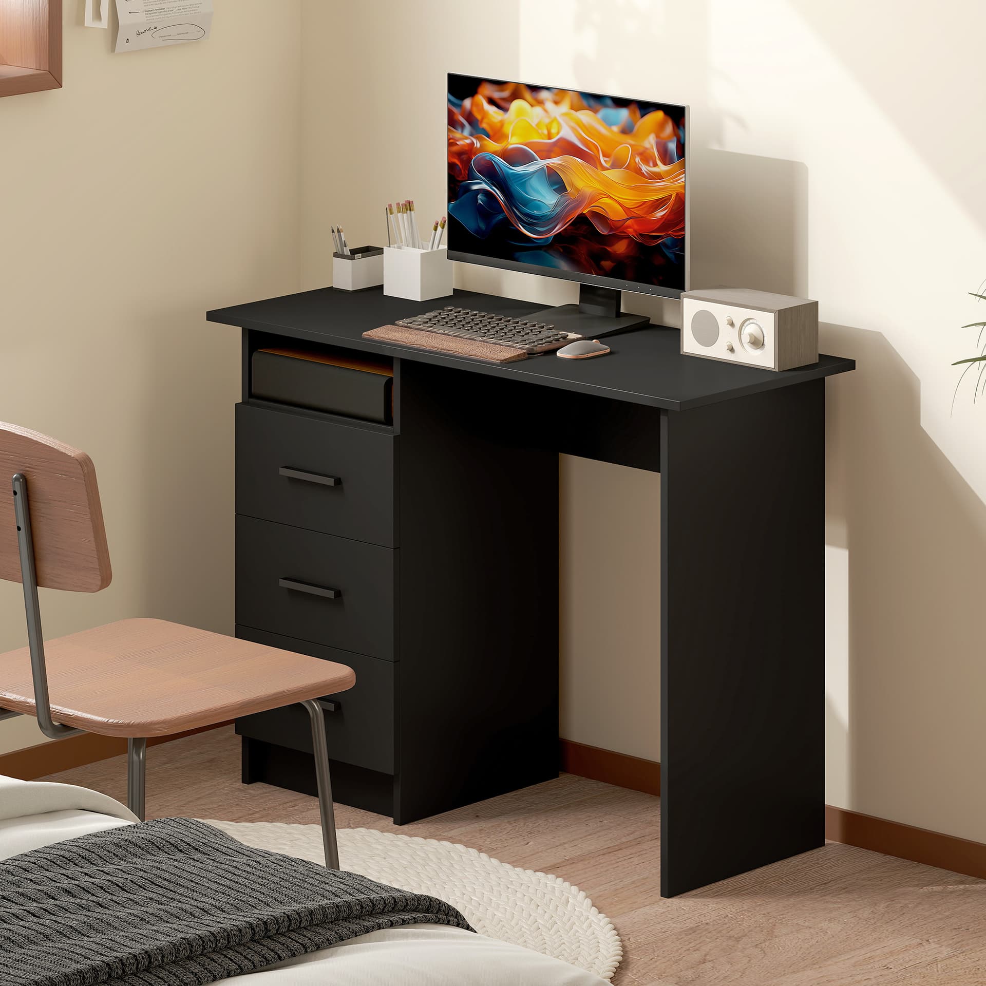 Computer Desk with Storage, 39" Home Office Desk with 3 Drawers nad Open Shelf, Writing Table for Bedroom, Black