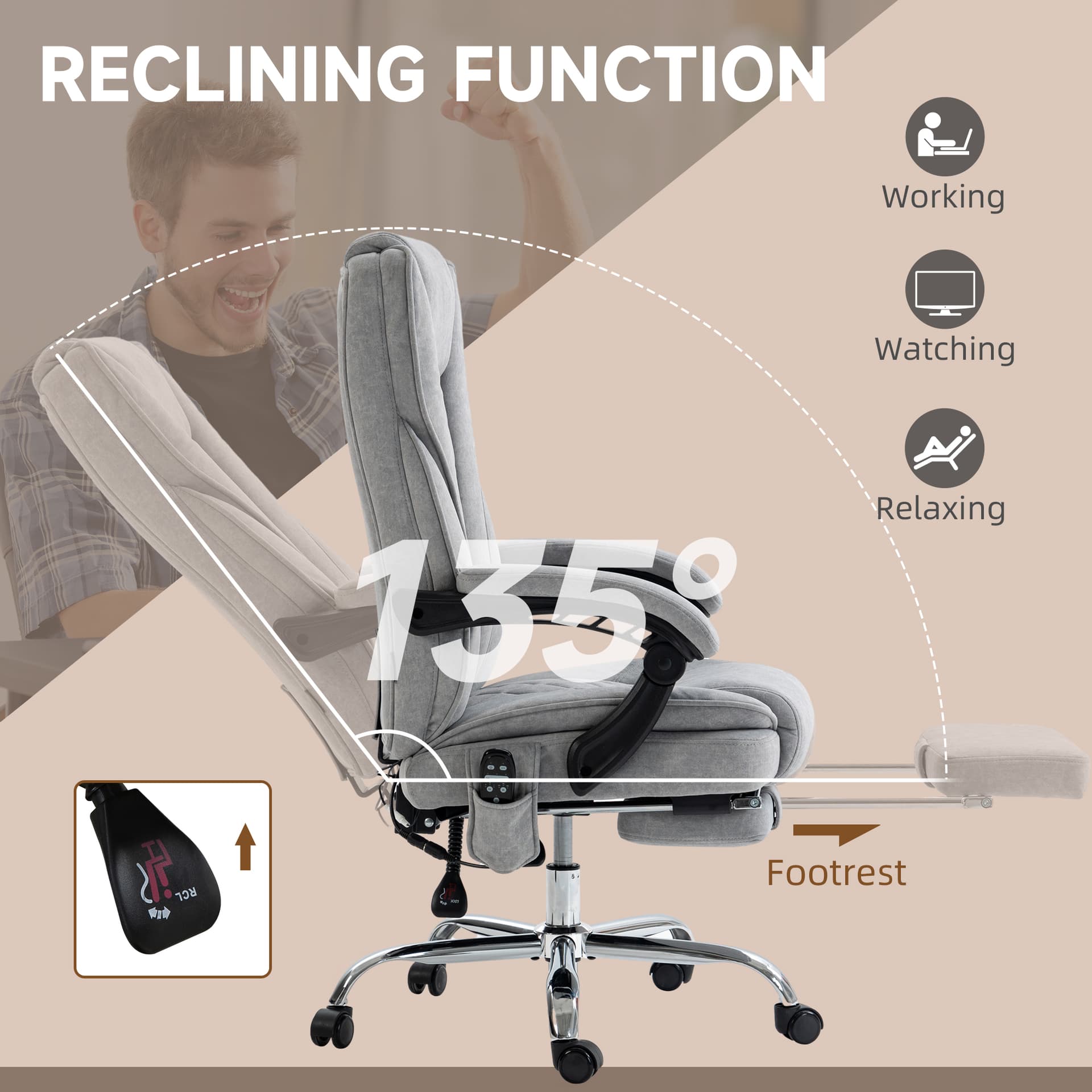Massage Office Chair, Reclining Computer Chair with Adjustable Height and Footrest, Grey