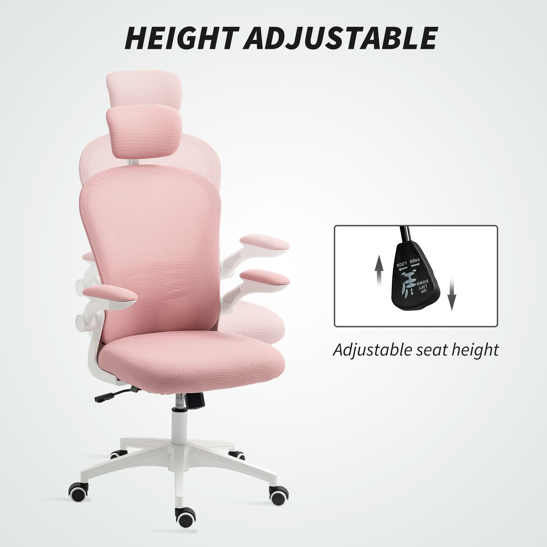 Office Chair, Mesh Computer Desk Chair with Adjustable Headrest, 4D Lumbar Support, Flip-up Arm, Pink