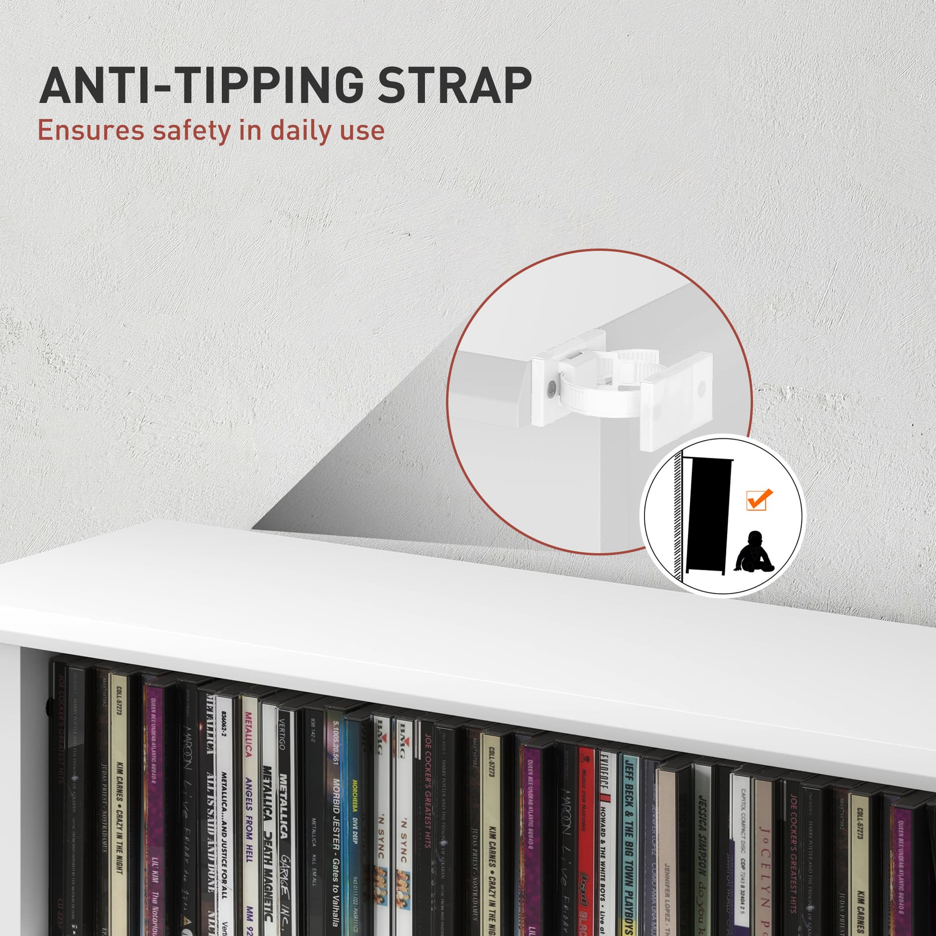 8-Tier DVD Shelf with 6 Adjustable Shelves, Slim CD Shelf, Holds 360 CDs, 185 DVDs or 185 Blu-rays, White