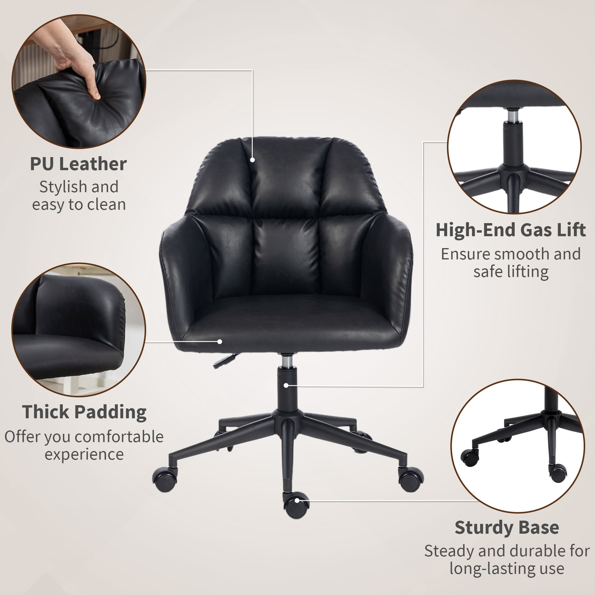 Swivel Office Chair, Faux Leather Desk Chair with Adjustable Height, Study, Black