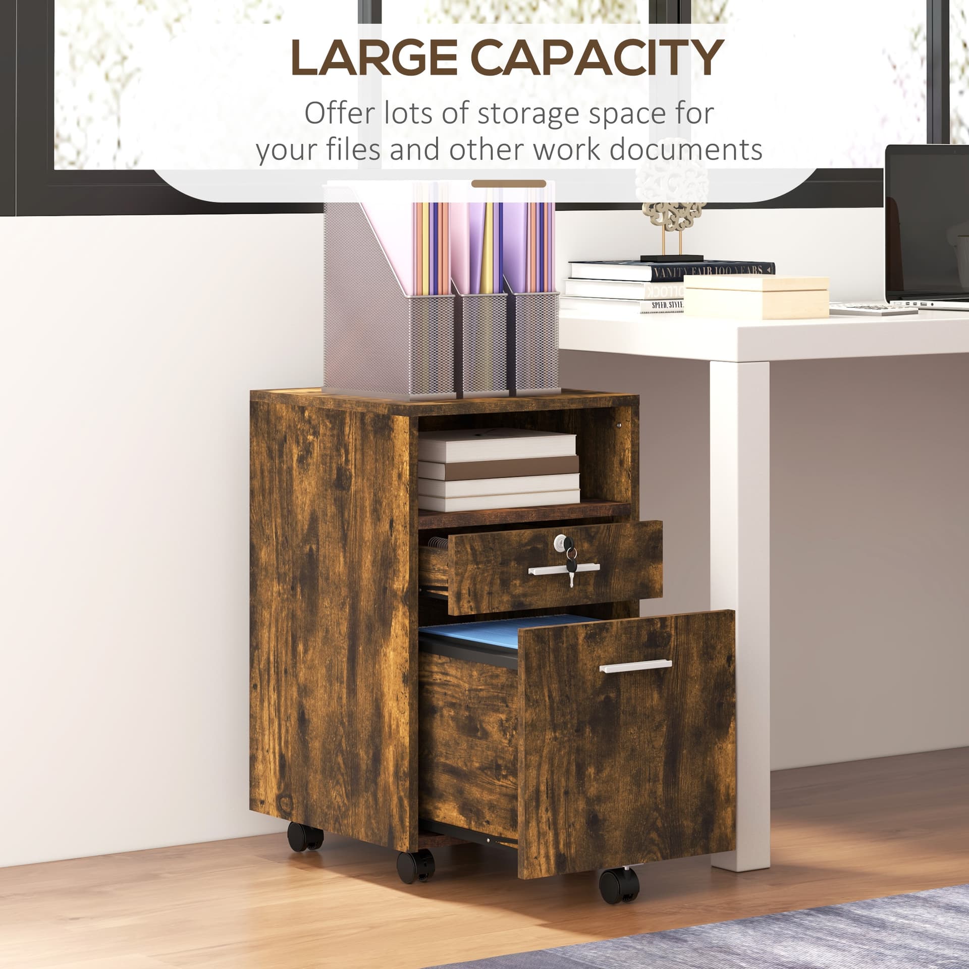 Small Filing Cabinet with 2 Drawers, Lockable Home Office Storage Cabinets on Wheels for A4, Letter Size, Rustic Brown