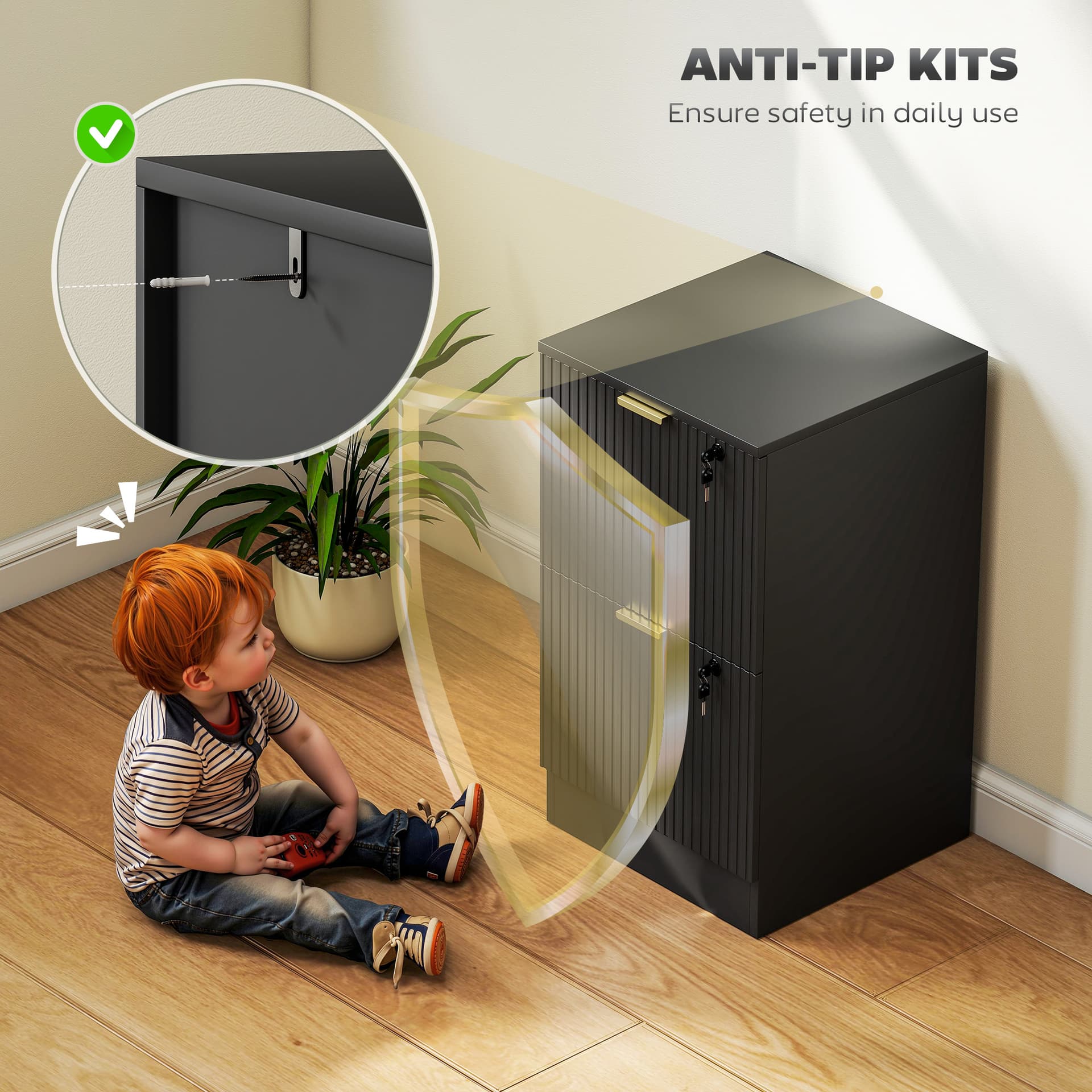 Lockable Filing Cabinet with 2 Fluted Drawers, File Cabinet with Adjustable Hanging Rails for A4 Letter Files, Black