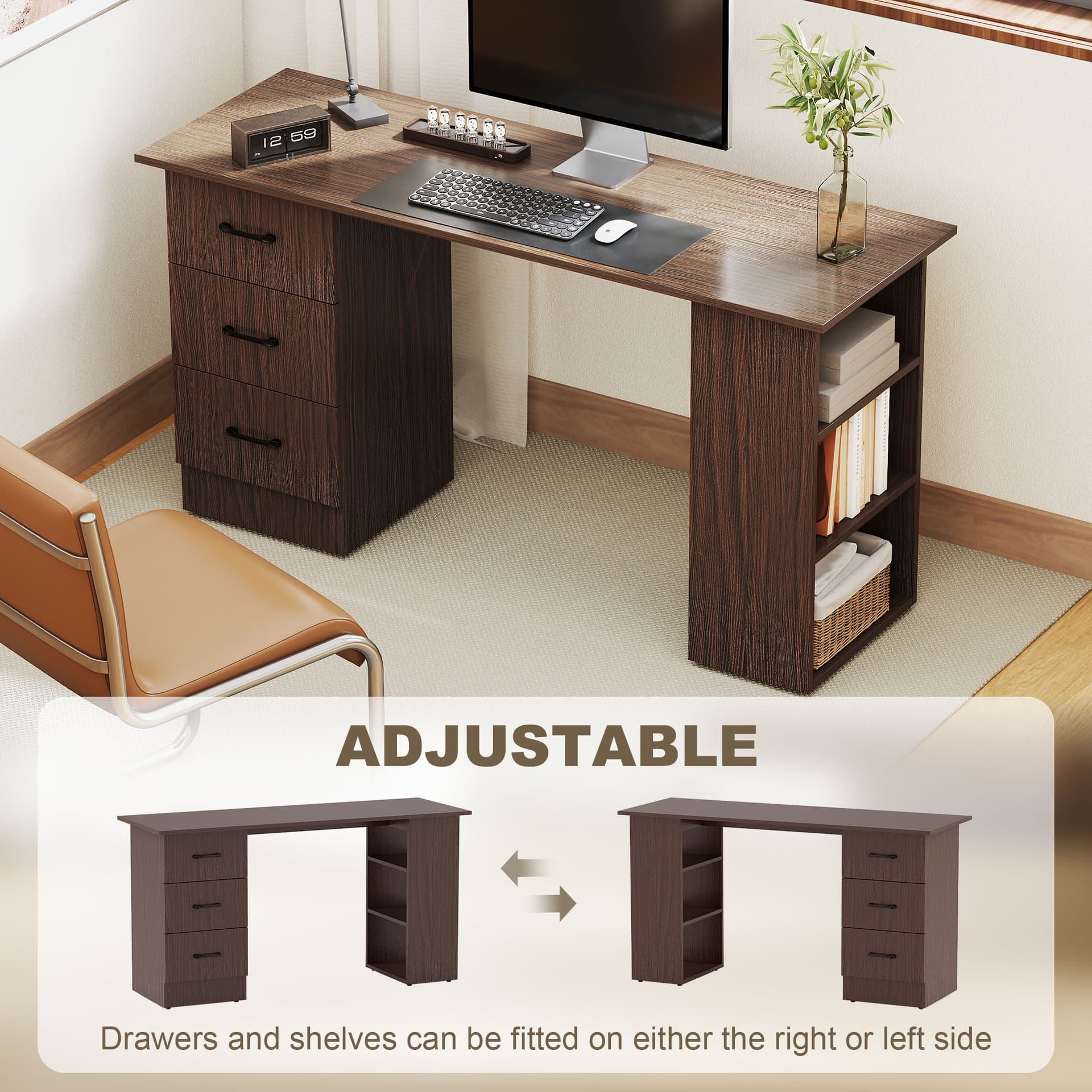 Computer Desk, 55" Writing Table with 3-Tier Shelves and 3 Reversible Drawers for Home Office, Bedroom, Walnut