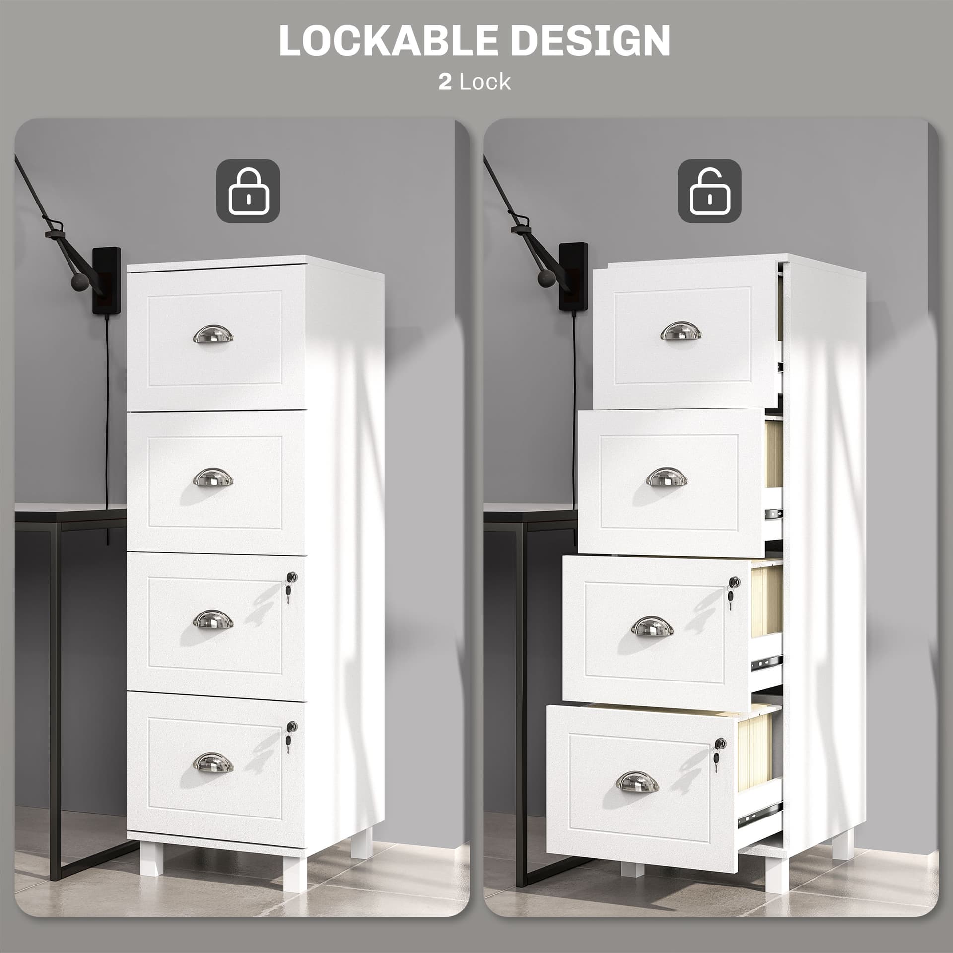 4 Drawer File Cabinet with Lock, Office Filing Cabinet, A4 Letter Size, Hanging File Folders, White