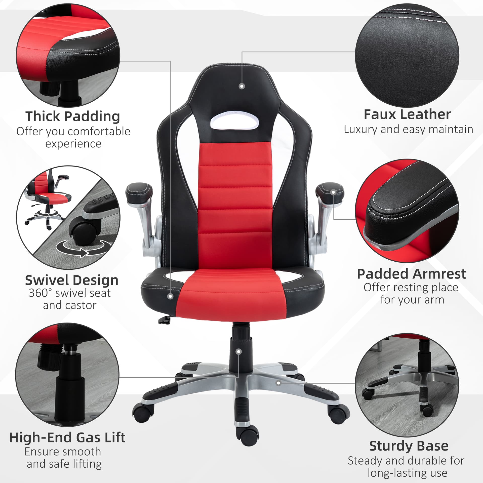 Racing Gaming Chair PU Leather Office Chair Executive Computer Desk Chair with Adjustable Height, Flip Up Armrest, Swivel Wheels, Red
