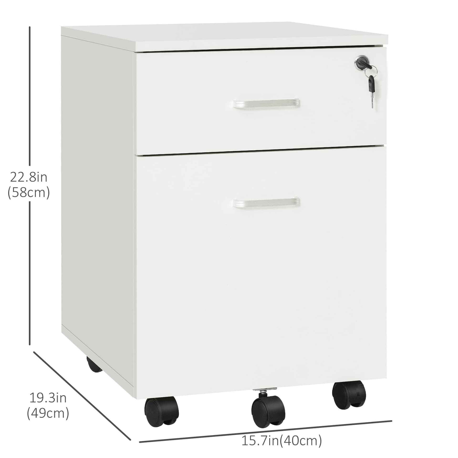 2 Drawer File Cabinet with Lock and Keys, Mobile Vertical Filing Cabinet with Wheels and Drawers, Home Office Cabinet, White