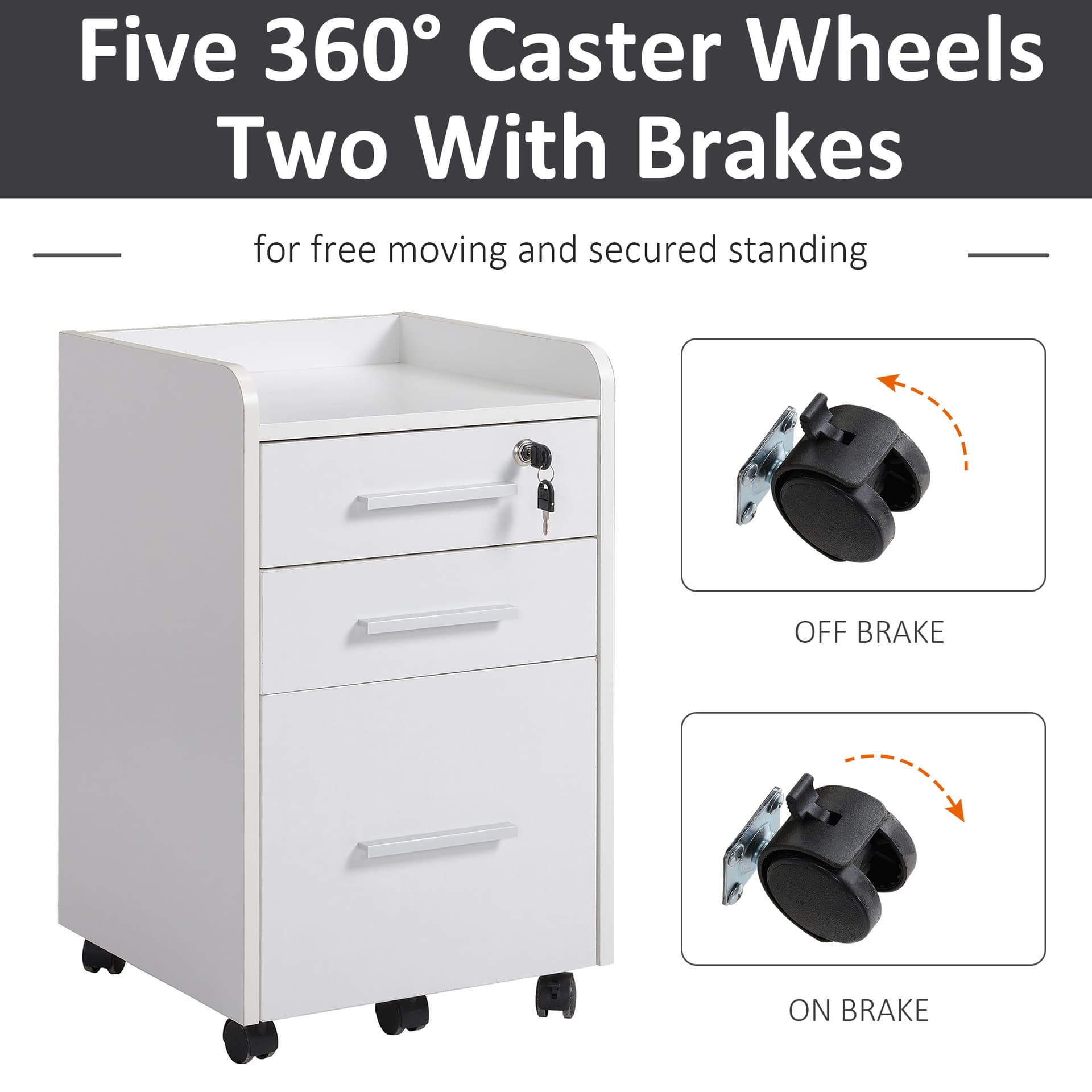 3 Drawer File Cabinet with Lock and Edged Top, Lockable Filing Cabinet on Wheels for Letter and A4 Size, White