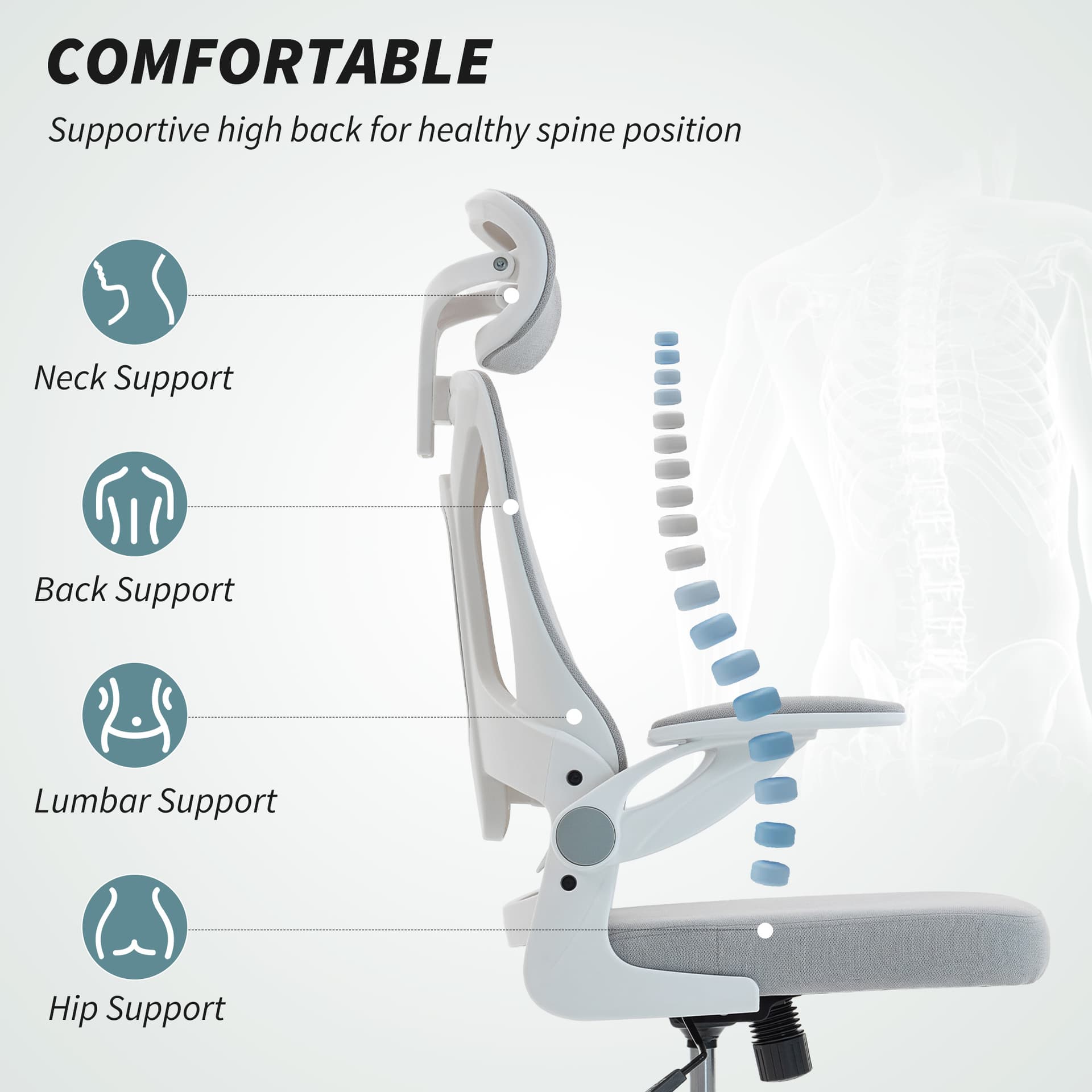 Ergonomic Office Chair, Swivel Desk Chair with Lumbar Support and Adjustable Height, Flip-up Armrests, Wheels, Black