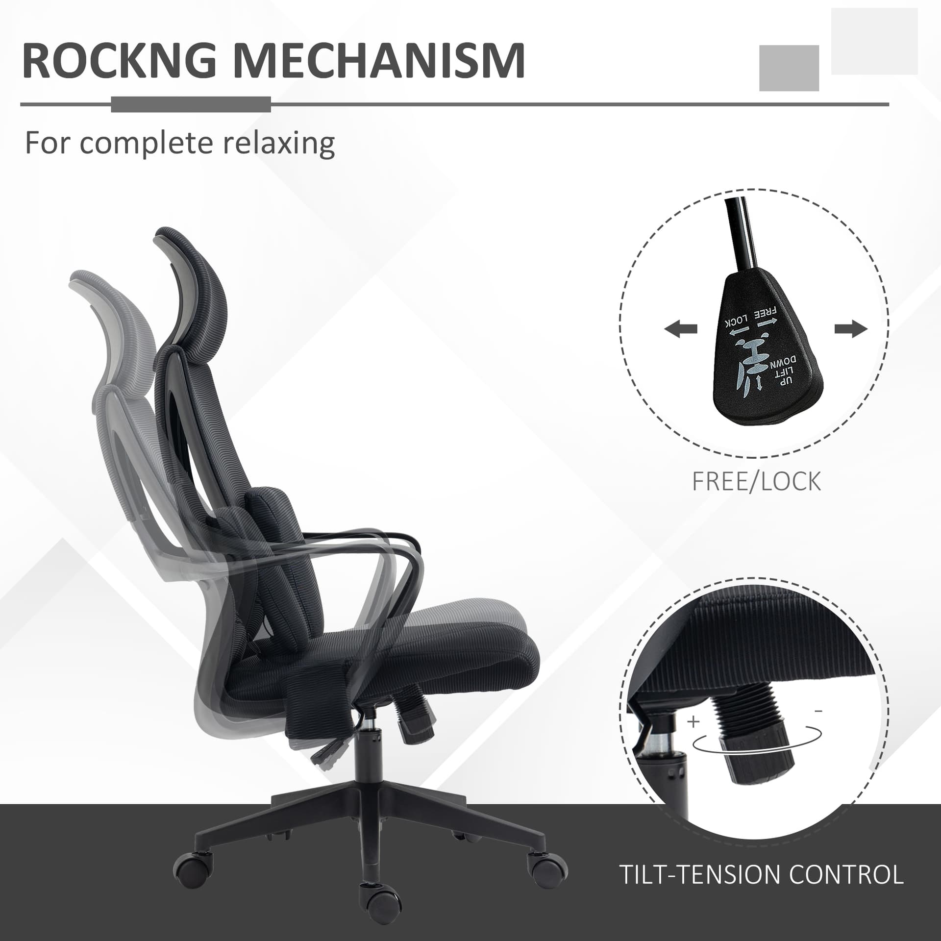 High Back Office Chair, Ergonomic Mesh Computer Chair Executive Task Chair with Massage Lumbar Support & Headrest Rocking, Black