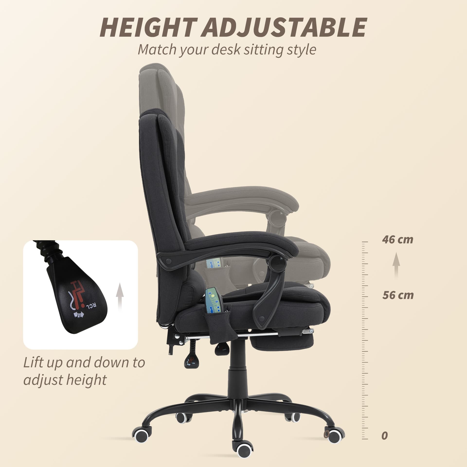 7-Point Vibrating Massage Chair, Reclining Office Chair with Footrest, Reclining Back, Adjustable Height, Black