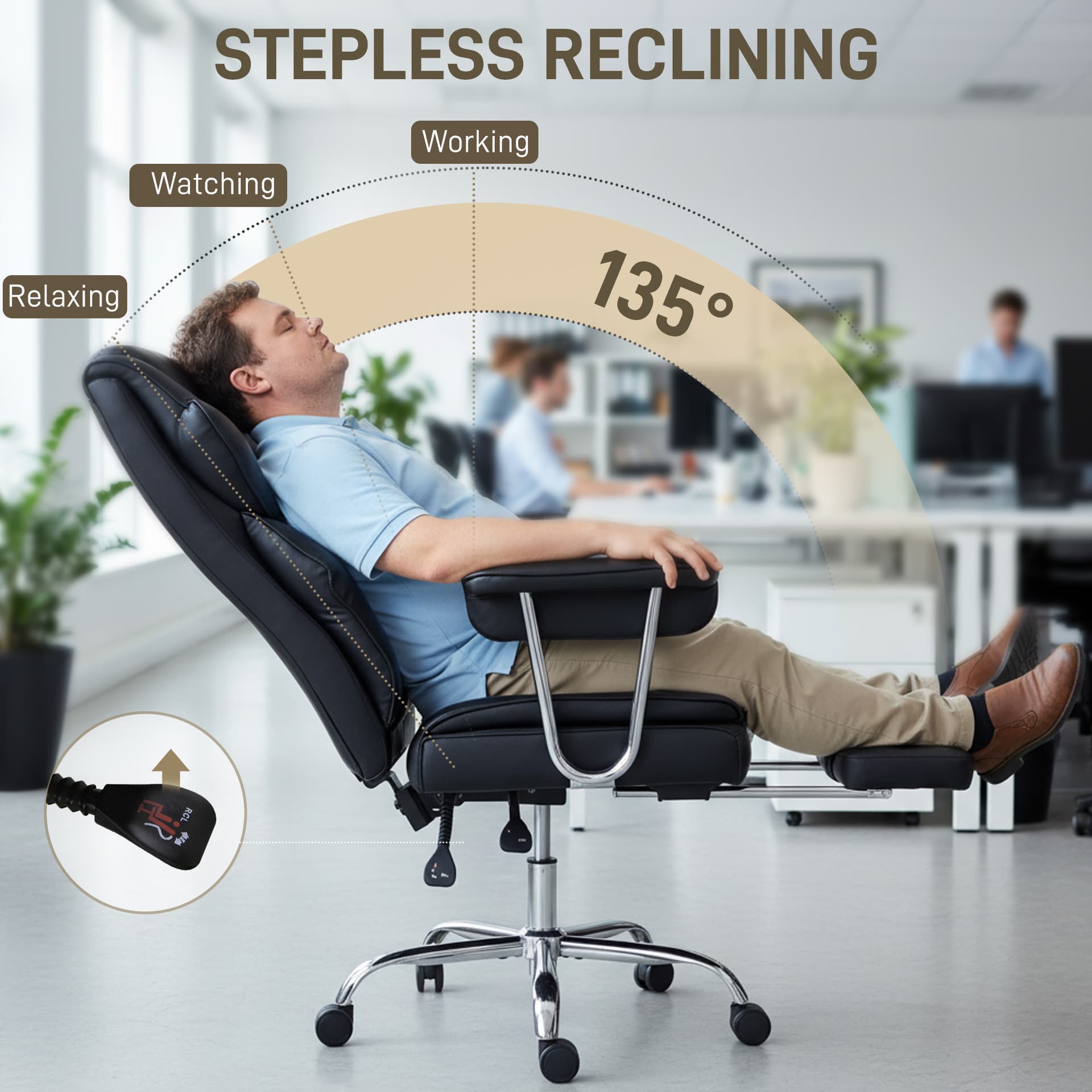 Big and Tall Office Chair, 400 lbs Overstuffed Desk Chair with Shaped Foam, Reclining Backrest, PU Leather