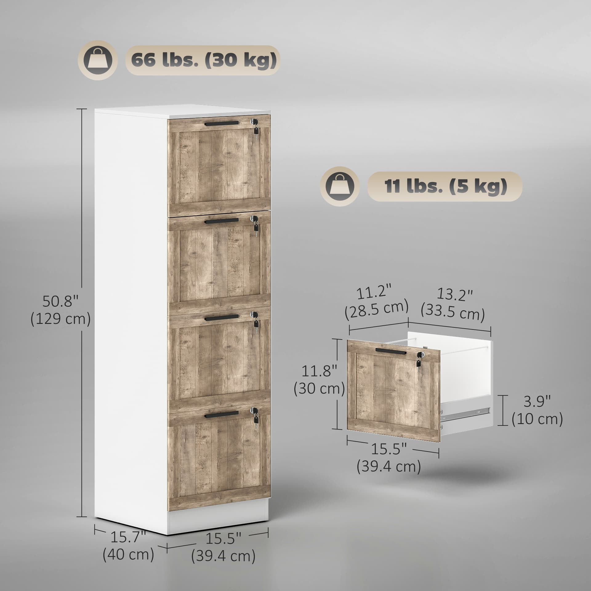 4 Drawer Filing Cabinet, Farmhouse File Cabinet with Lock, Adjustable Hanging Rails for A4 Letter Size Files, White