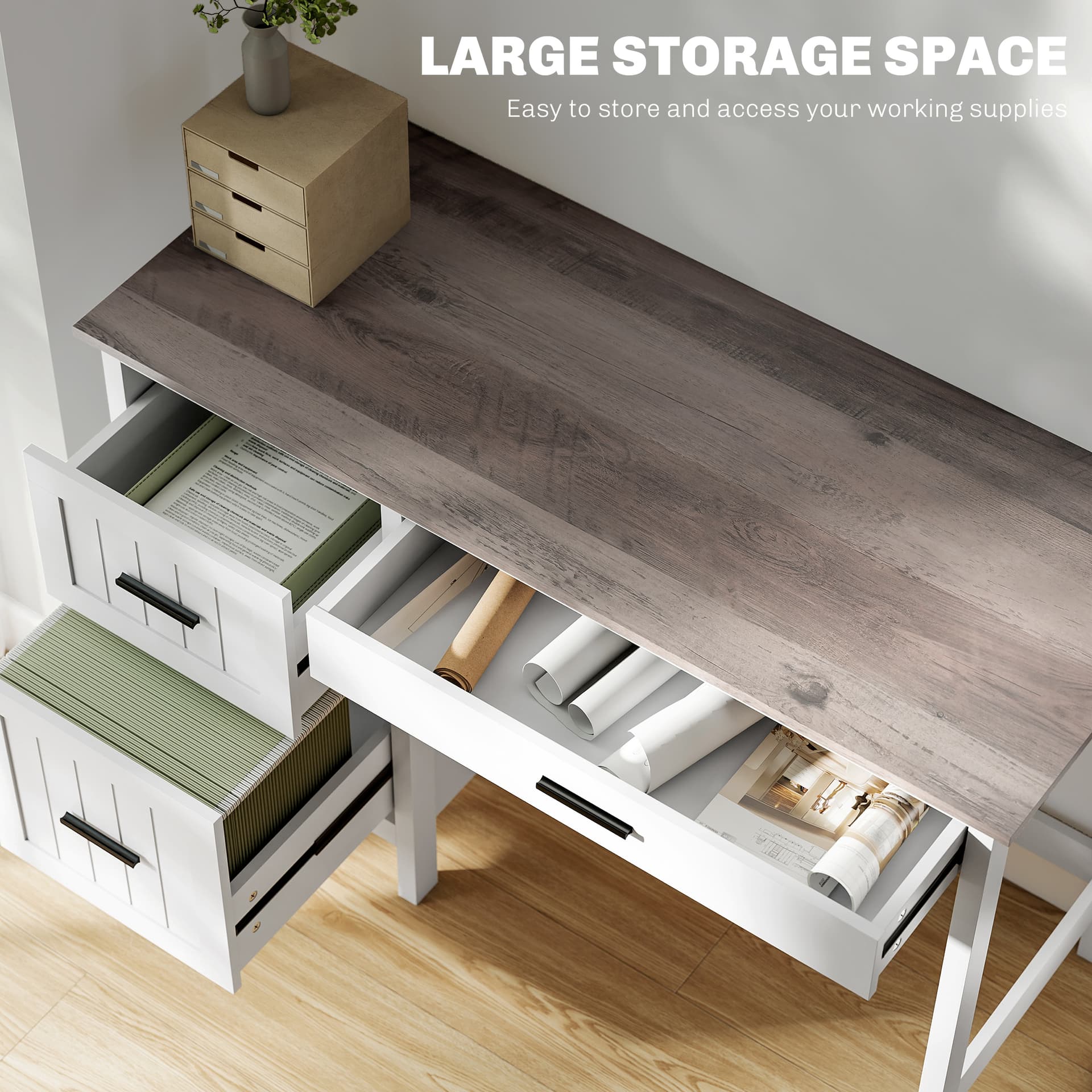 Computer Desk with 3 Drawers, Farmhouse Home Office Desk with File Drawer and Wood Grain Top for Small Spaces, White