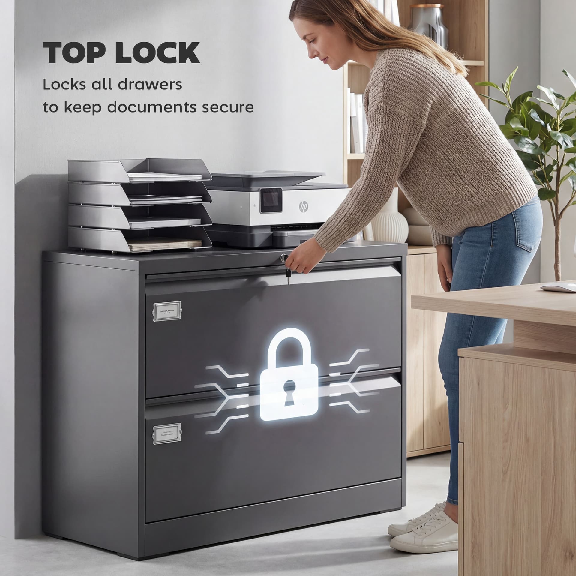 Lateral Filing Cabinet with 2 Drawers, Lockable Steel File Cabinet for A4/Letter/Legal Size Files, Black - Office Cabinets & Cupboards - Office Furniture